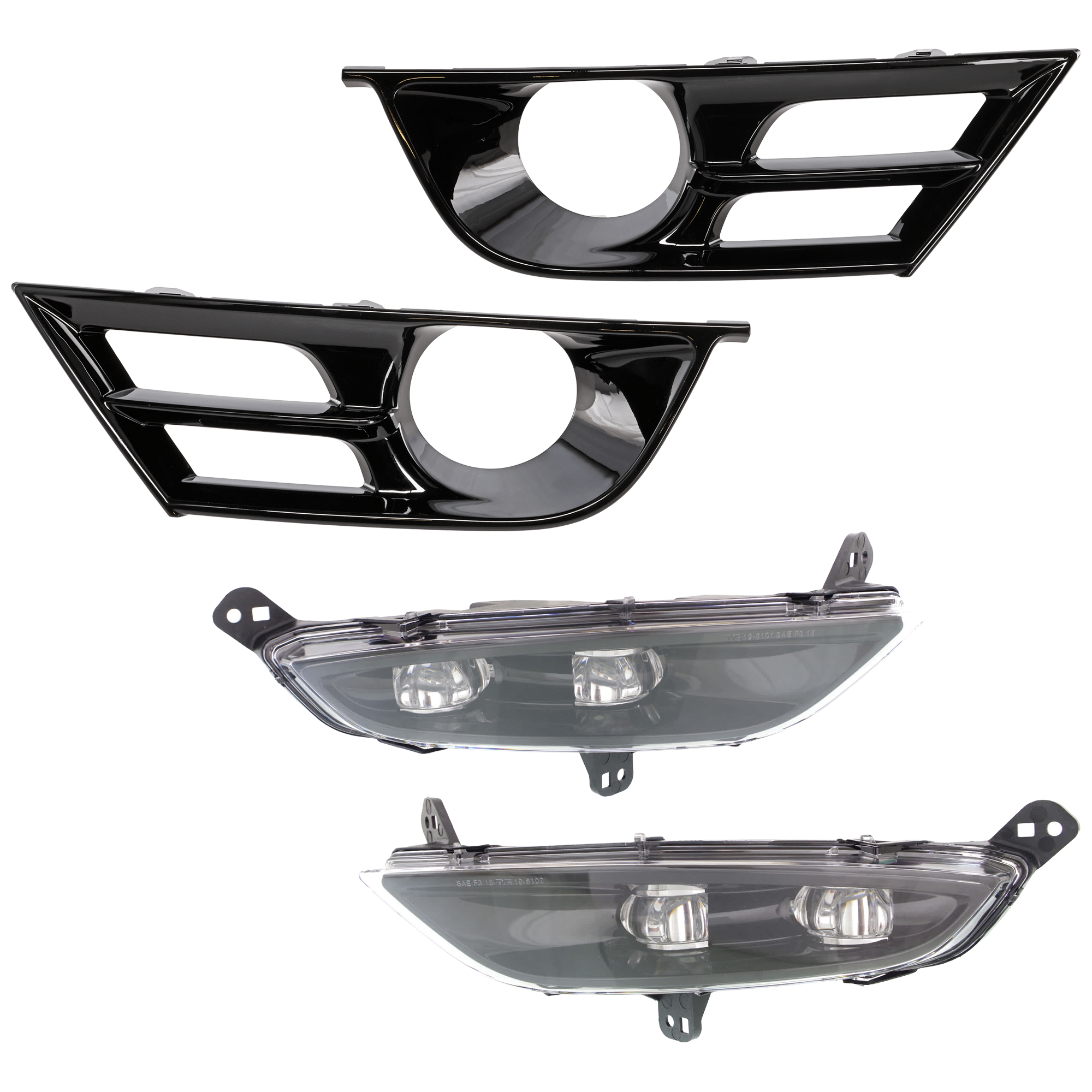 AM CHRYSLER 200-15-16 FRONT FOG LAMP RH AND LH 4 pc Kit Assembly LED with Fog Light Trim SKU KIT 062726-61 Partslink CH2592149 CH2593149 CH1039179 CH1038179 OEM 55112638AA 55112639AA 68203016