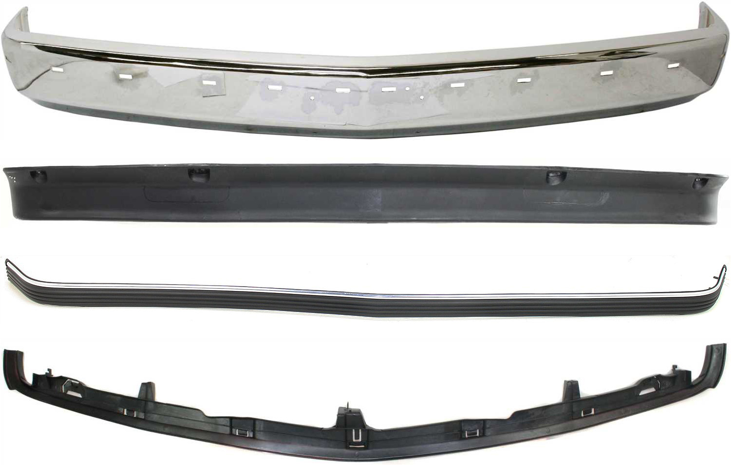 AM C K FULL SIZE P U 94-00 FRONT BUMPER Chrome 4 pc kit w Bumper Filler Bumper Trim and Valance SKU KIT 062817-04 Partslink GM1002802 GM1087180 GM1057127 GM1090108 OEM 15574111-12376285-15574113-155