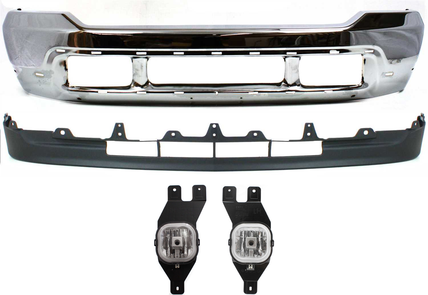 AM F SERIES SUPER DUTY 01-04 FRONT BUMPER Chrome 4 pc Kit with Fog Lights and Valance SKU KIT 062817-11 Partslink FO1002375 FO2592200 FO2593200 FO1095203 OEM 3C3Z17757BA 3C3Z15200BA 3C3Z15