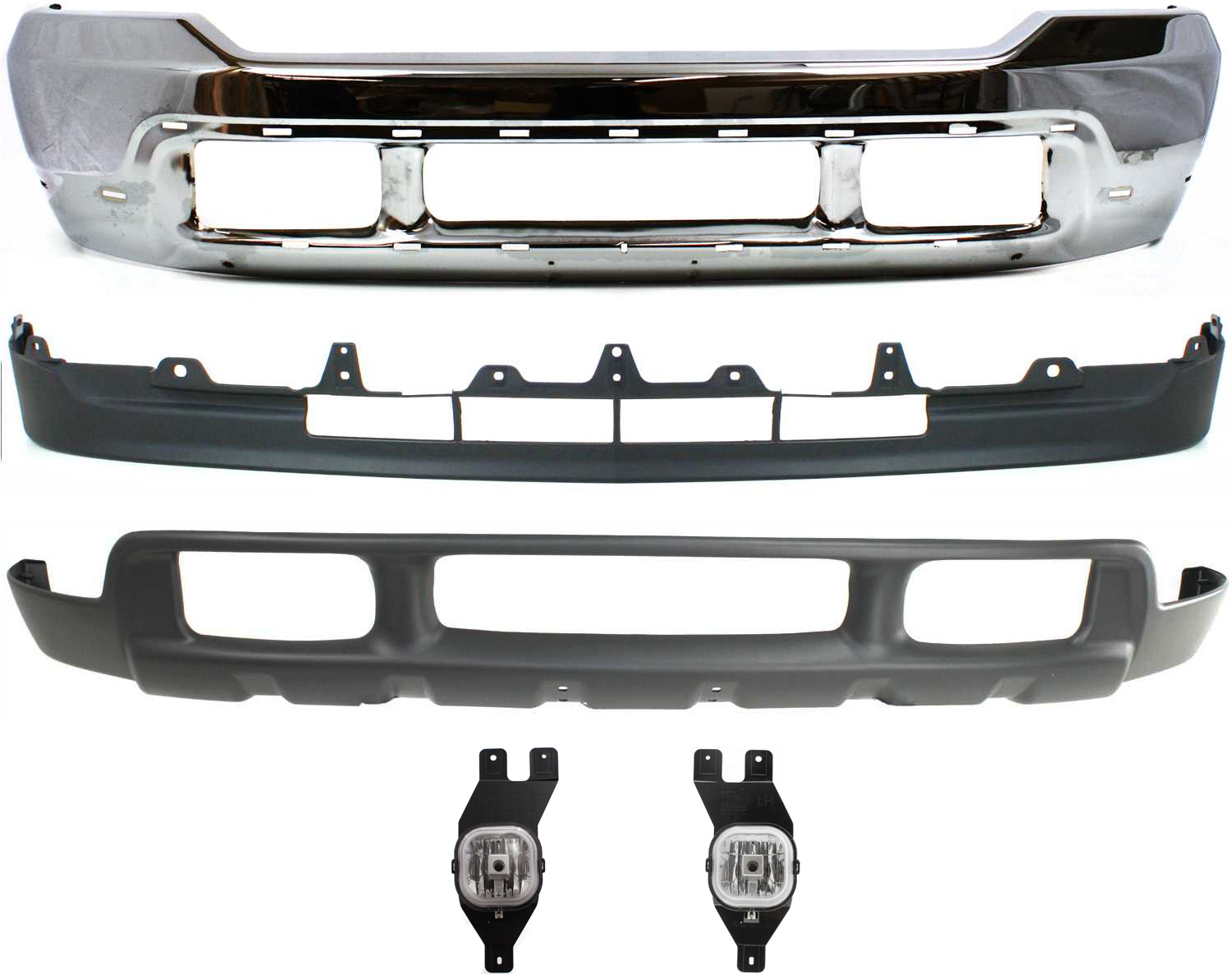 AM F SERIES SUPER DUTY 01-04 FRONT BUMPER Chrome 5 pc Kit with Fog Lights and Valances SKU KIT 062817-14 Partslink FO1002375 FO2592200 FO2593200 FO1095203 FO1095176 OEM 3C3Z17757BA 3C3Z15200BA 3C3Z15