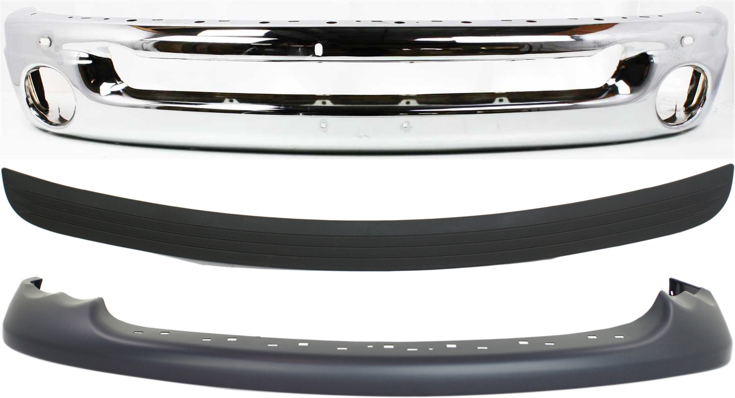 AM RAM 1500-02-05 FRONT BUMPER 3 pc kit with Valance and Bumper Trim Fits 2 pc Type bumper Bumper 2003-05-2500-3500 models SKU KIT 062817-16 Partslink CH1002383 CH1019102 CH1000338 OEM 55077946AB 55077342AC 5073002A