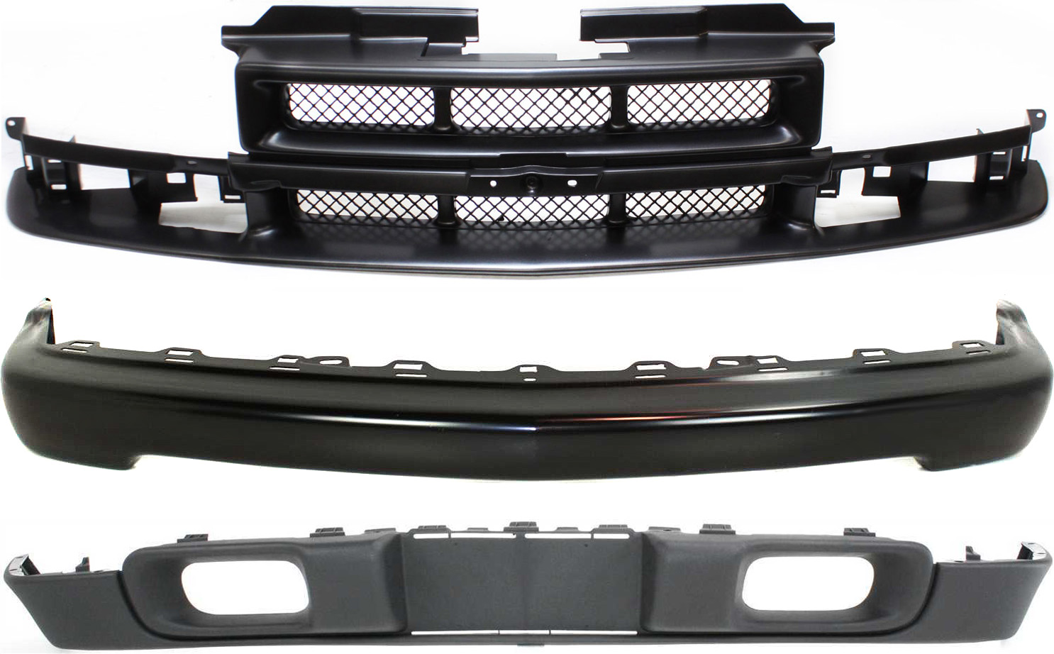 AM S10-98-04 FRONT BUMPER Painted Black 3 pc Kit with Grille Assembly and Valance SKU KIT 062817-25 Partslink GM1002367 GM1200418 GM1092164 OEM 15007660-12472710-88967926