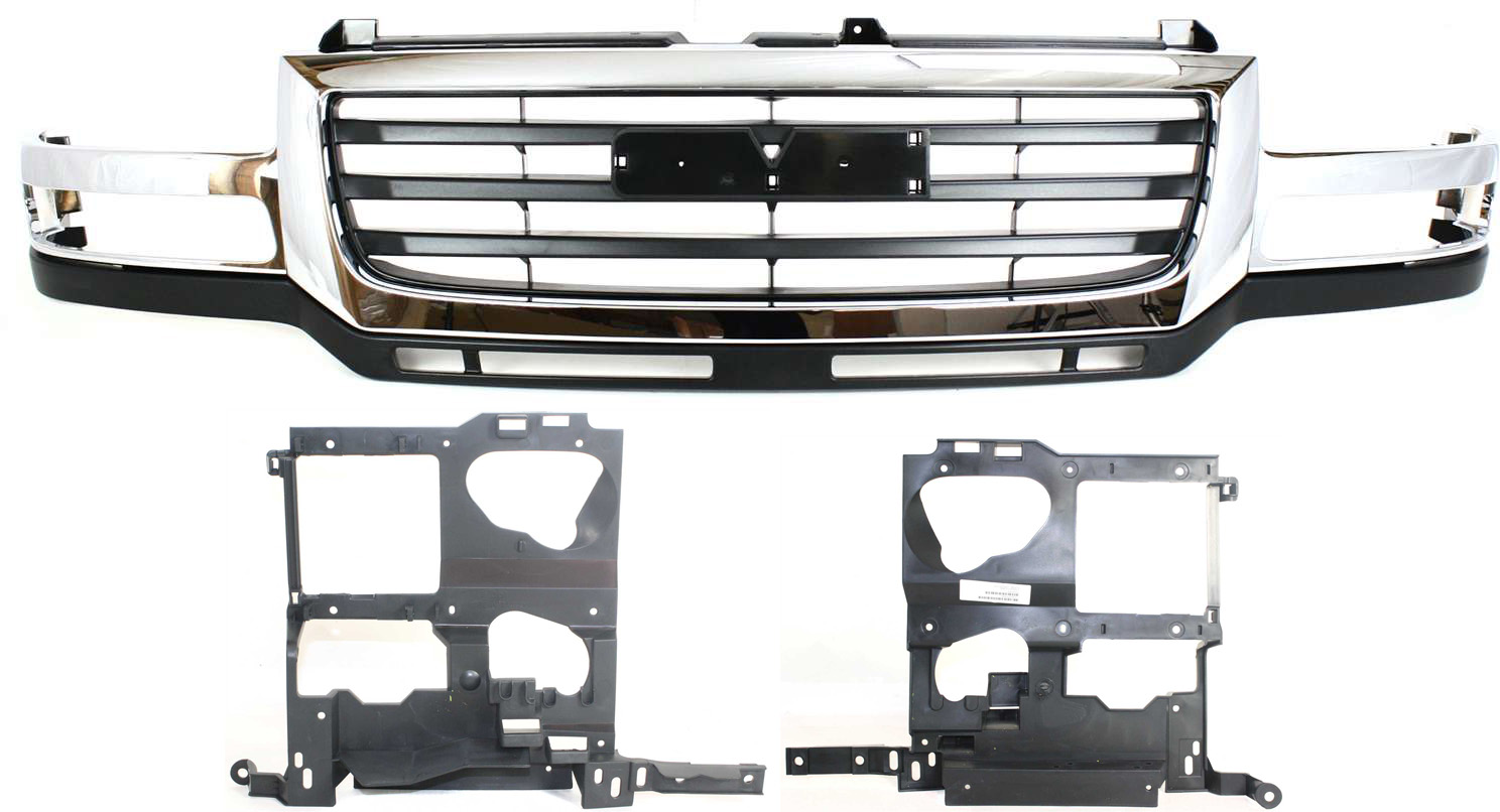 AM SIERRA 2500 HD 03-06 SIERRA 2500 HD CLASSIC 07-07 GRILLE 3 pc Kit with Headlight Brackets SKU KIT 062817-27 Partslink GM1200568 GM1221132 GM1221133 OEM 19130795-15798923-15798924