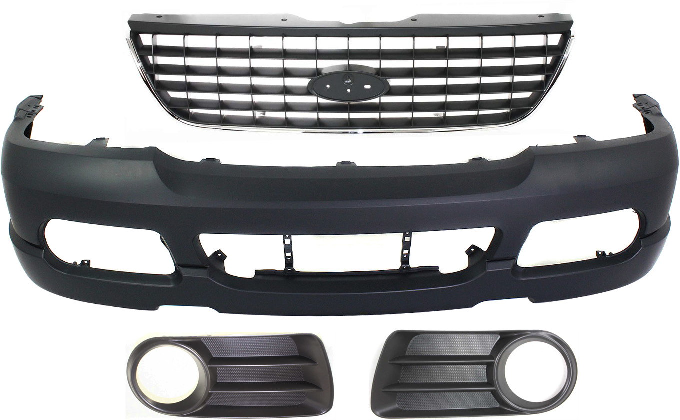 AM EXPLORER 02-05 FRONT BUMPER COVER 4 pc Kit with Grille and Fog Light Trims Eddie Bauer Limited XLT Models SKU KIT 062817-43 Partslink FO1000496 FO1036105 FO1036106 FO1200396 OEM 2L2Z17D957SAPTM 1L2Z17K946BAB