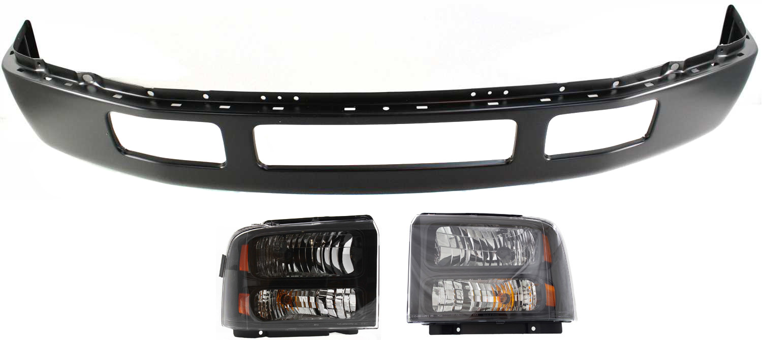 AM F 250 F 350 SUPER DUTY 05-07 FRONT BUMPER 3 pc kit with Headlights SKU KIT 062817-47 Partslink FO1002393 FO2502224 FO2503224 OEM 5C3Z17757CAA 6C3Z13008DB 6C3Z1