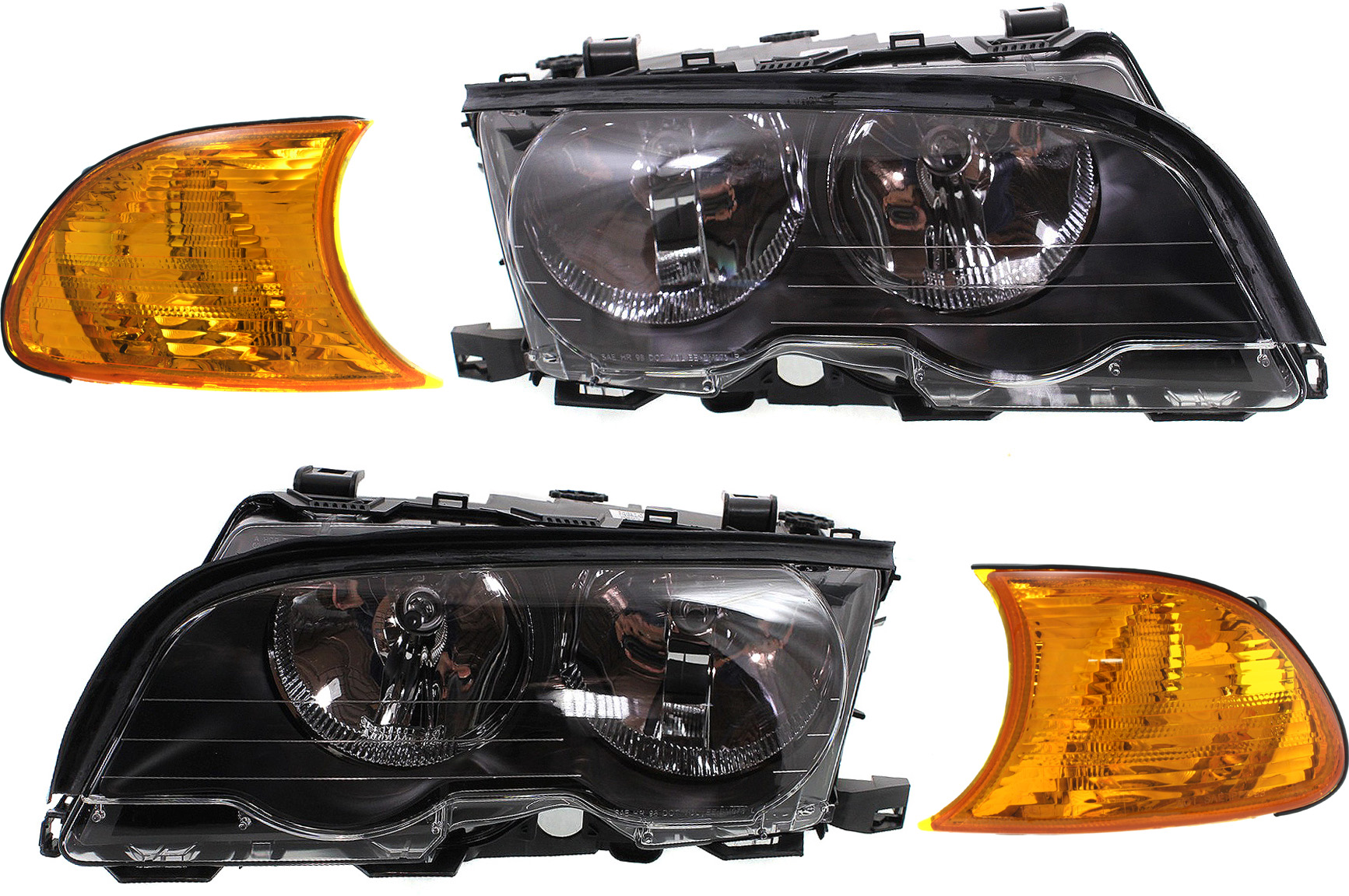 AM 3 SERIES 00-01 HEAD LAMP RH AND LH Assembly Halogen pc Kit with Corner Lights SKU KIT 062818-01 Partslink BM2502112 BM2503112 BM2521106 BM2520106 OEM 63126904279-63126904280-631269