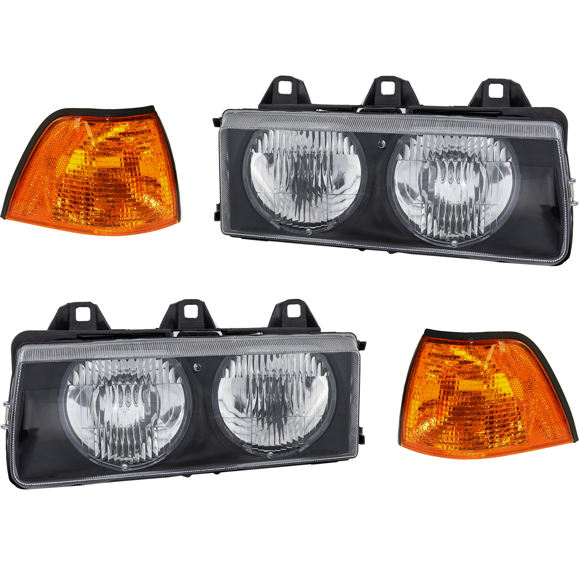 AM 3 SERIES 95-99 HEAD LAMP RH AND LH Assembly Halogen 4 pc Kit with Corner Lights SKU KIT 062818-06 Partslink BM2503101 BM2502101 BM2520102 BM2521102 OEM 63121387862-63121387861-631383