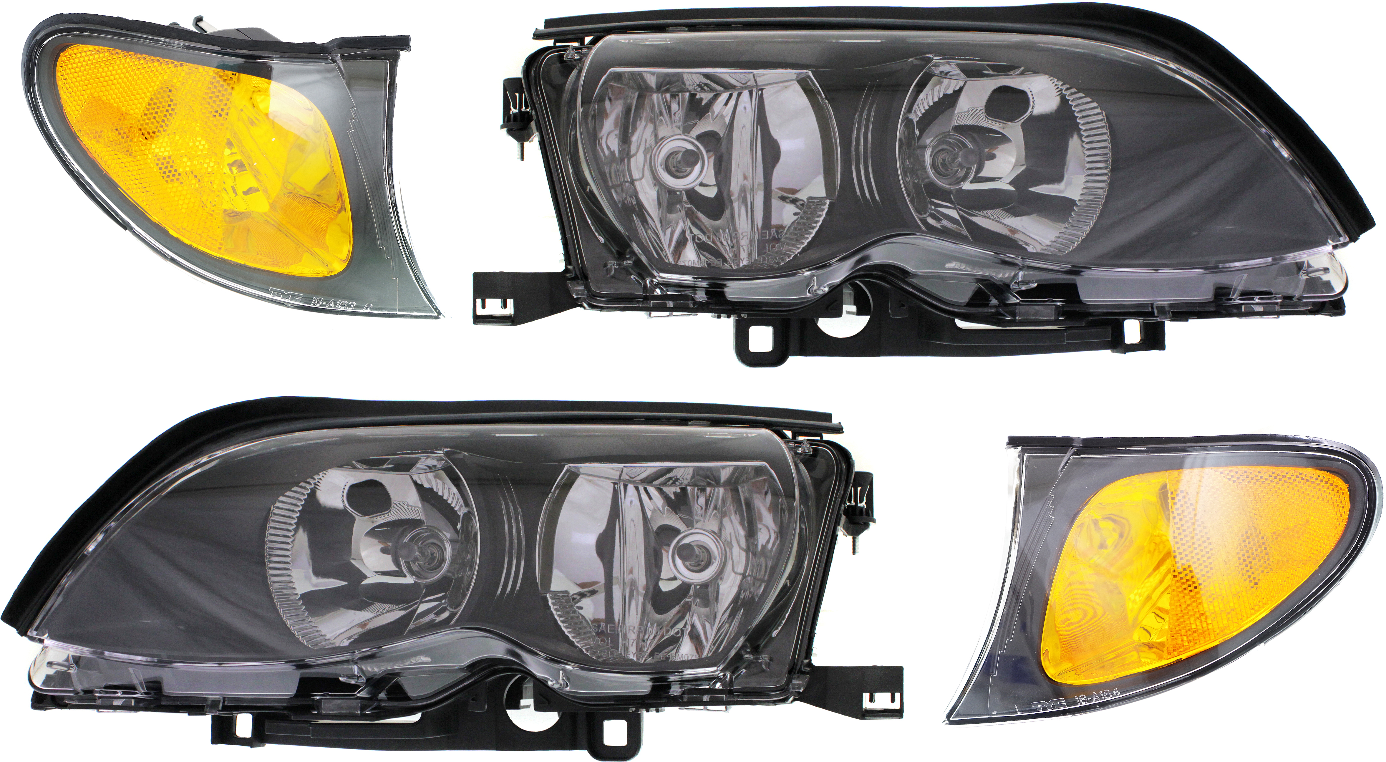 AM 3 SERIES 02-05 HEAD LAMP RH AND LH 4 pc Kit with Bulbs Halogen Yellow Lens Black Interior with Corner Lights SKU KIT 062818-08 Partslink BM2503122 BM2502122 BM2520109 BM2521109 OEM 63127165772-63127165771-631371