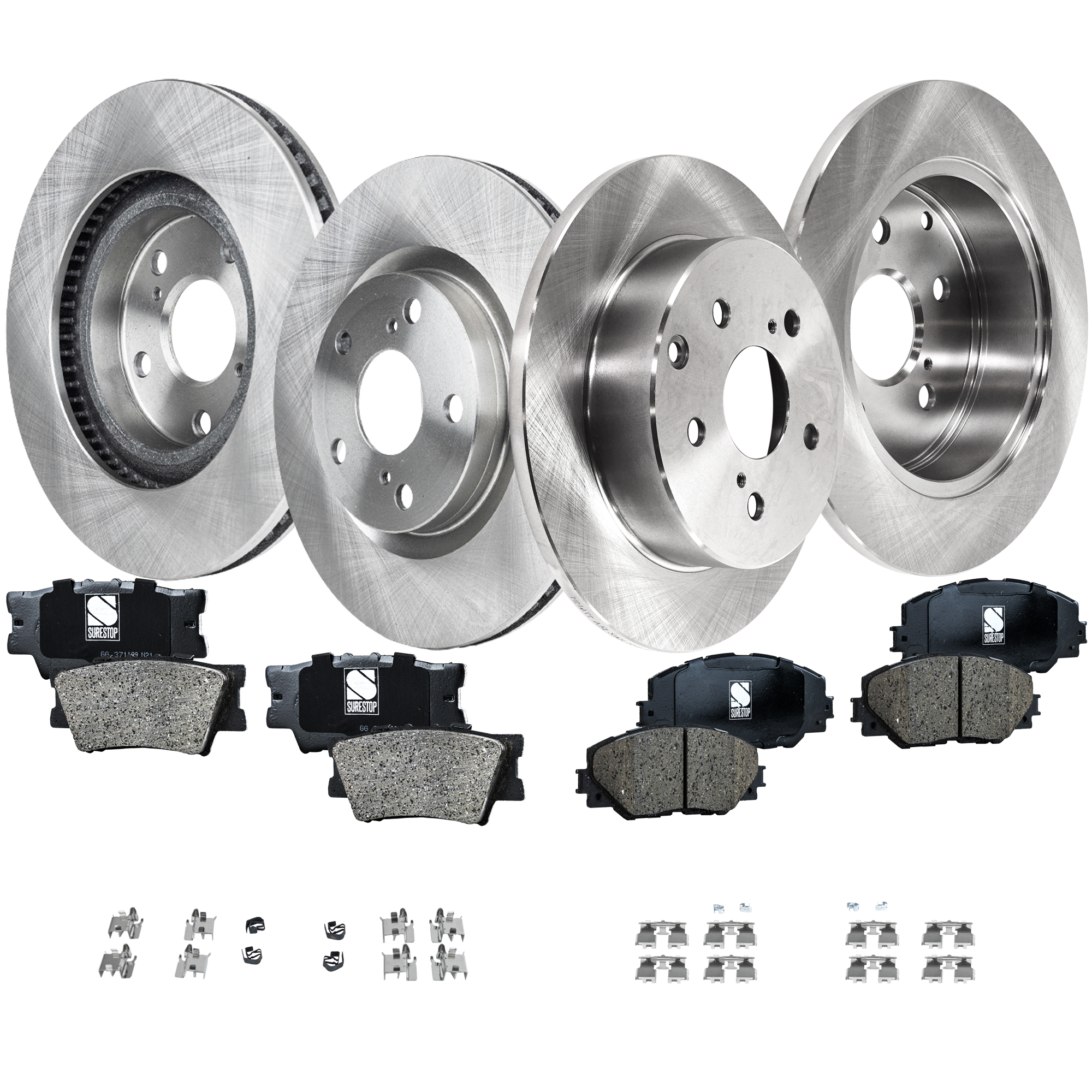 AM RAV4-09-18 FRONT AND REAR BRAKE DISC AND PAD KIT 8 pc kit Plain Surface SKU KIT 062822-03 OEM 4351230320-4351242050-43512022