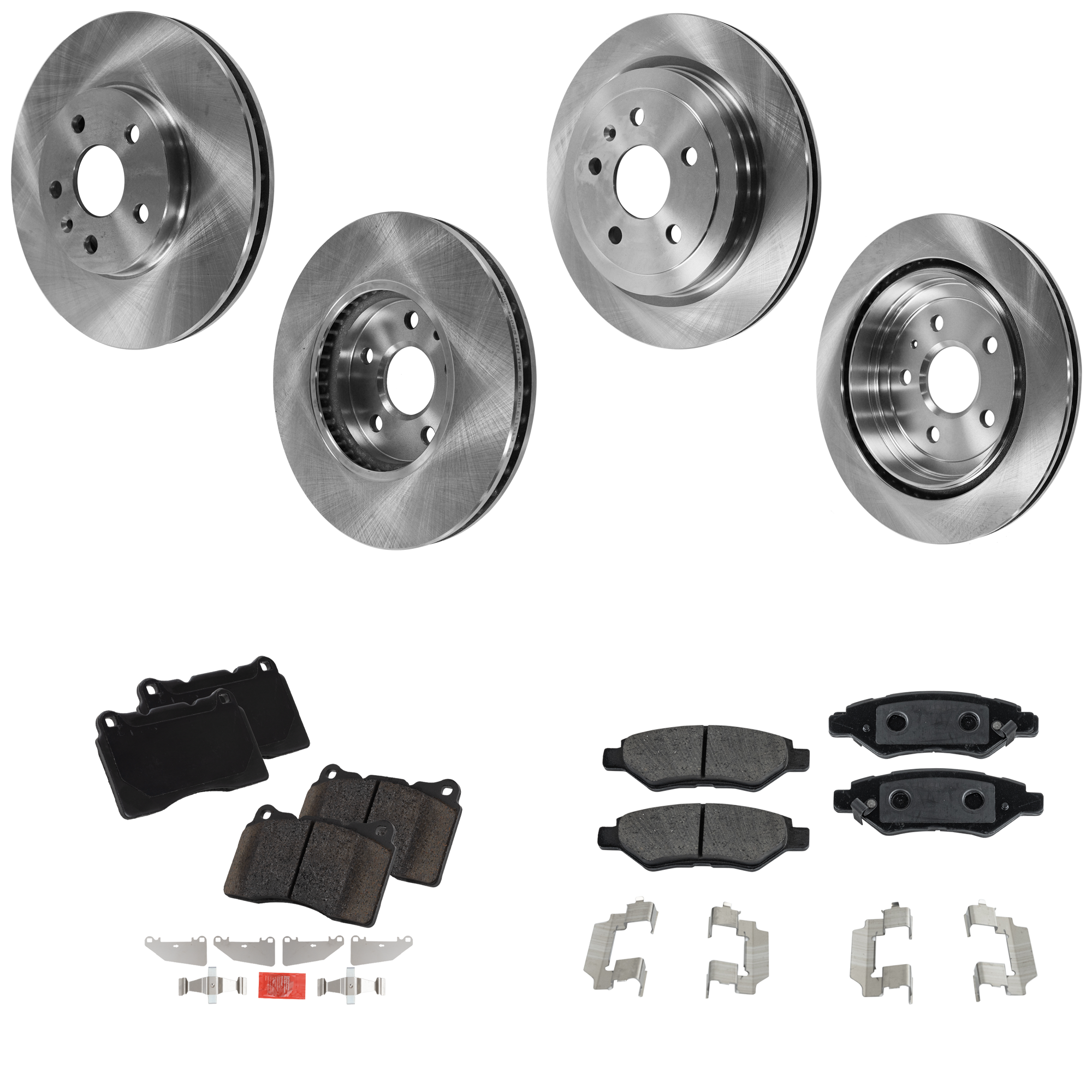 AM CTS 14-14 FRONT AND REAR BRAKE DISC AND PAD KIT 4 Wheel Set Plain Surface SKU KIT 062923-21 OEM 41247-55157-850103-900504-6004