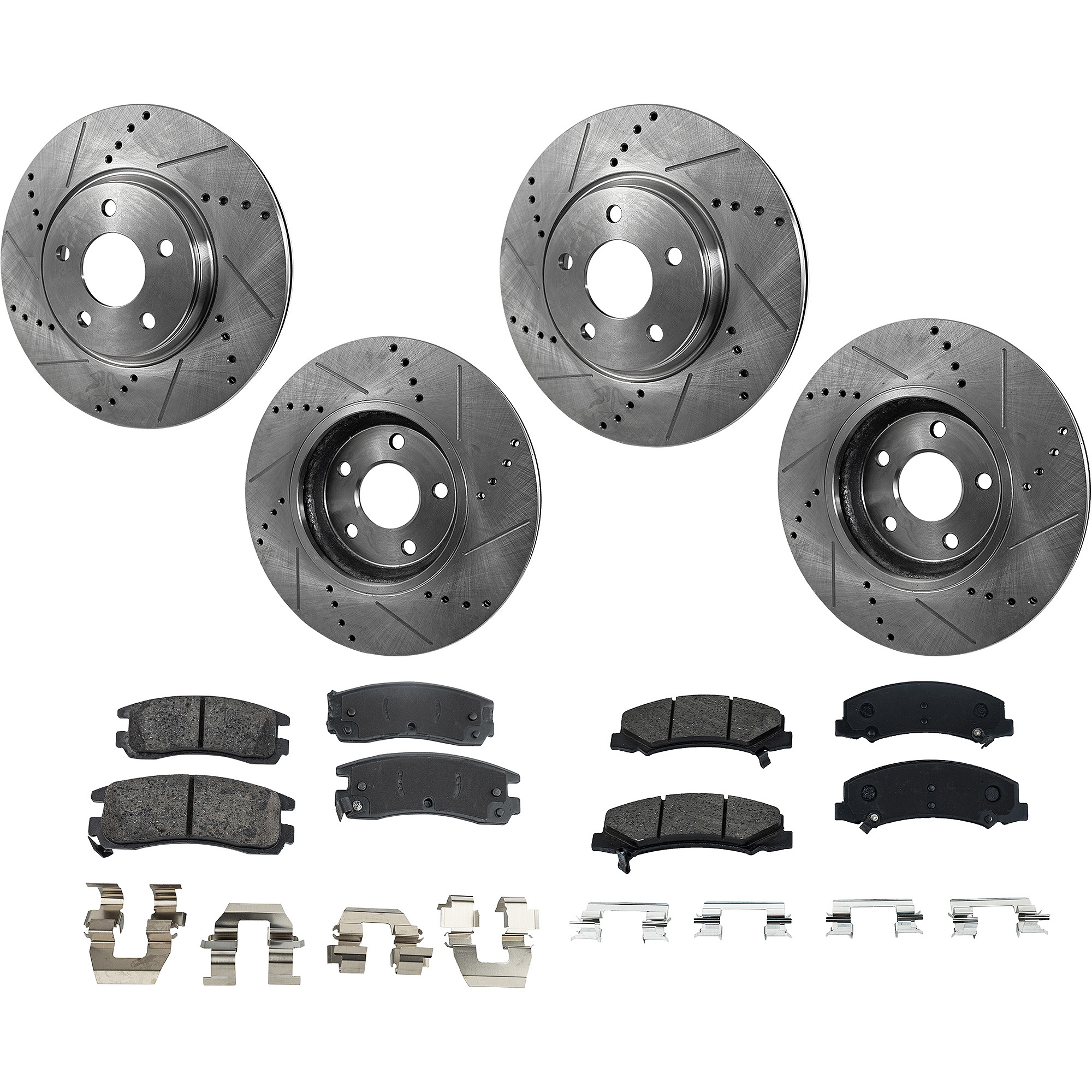 AM IMPALA 10-10 FRONT AND REAR BRAKE DISC AND PAD KIT 8 pc Kit Cross drilled and Slotted SKU KIT 063022-03 OEM 19372-55126-145654-493755-5804