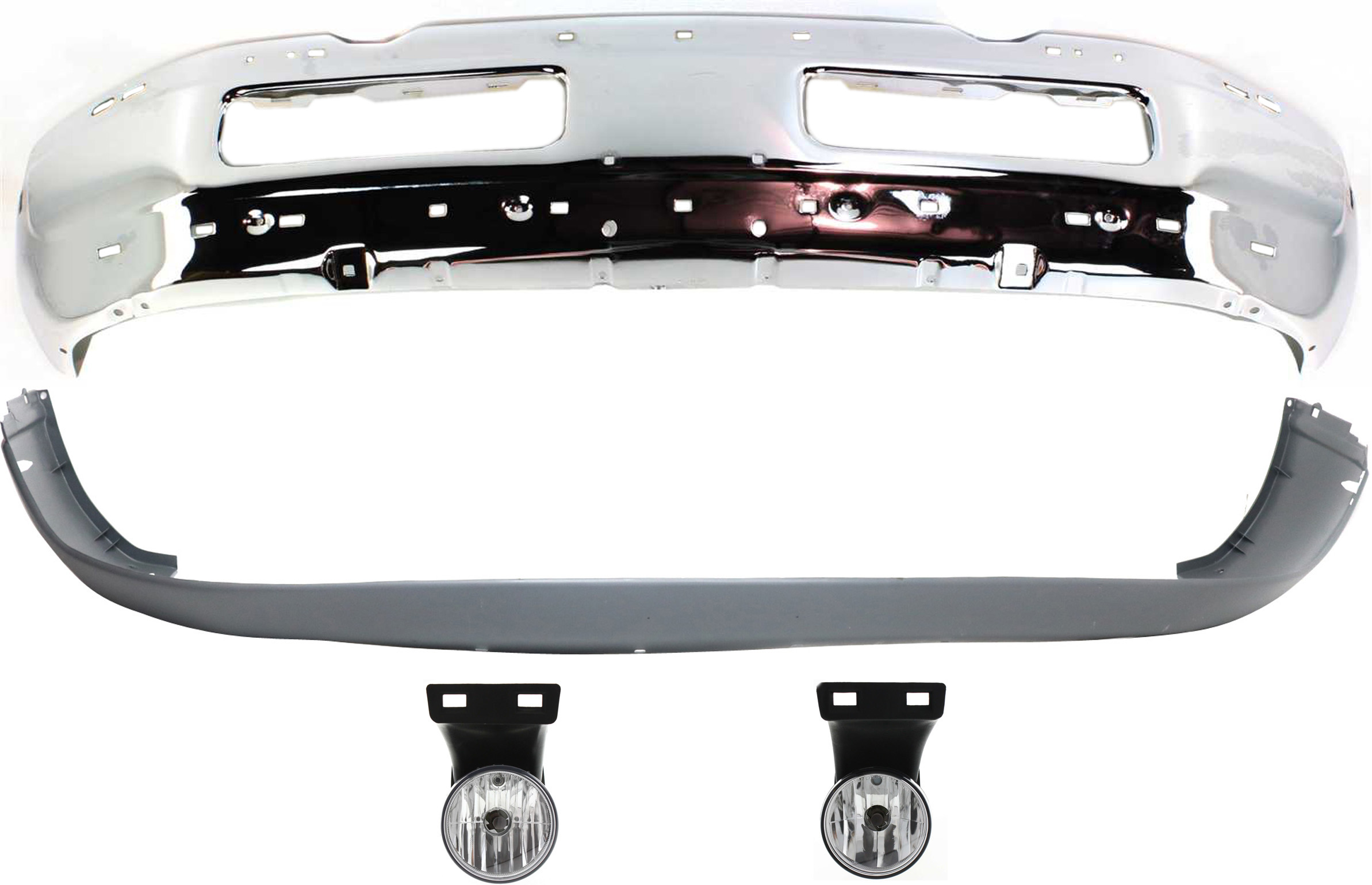 AM DODGE FULL SIZE P U 99-02 FRONT BUMPER Chrome 4 pc Kit with Bumper Cover and Fog Lights SKU KIT 070117-79 Partslink CH1002256 CH1002172 CH1000232 CH2592120 CH2593120 OEM 55076599AG 55274749-55076614AC