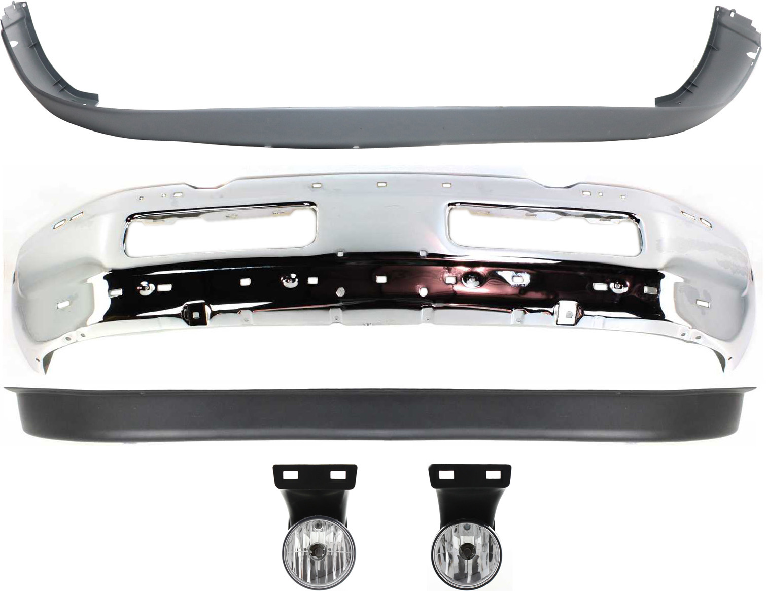 AM DODGE FULL SIZE P U 99-02 FRONT BUMPER Chrome 5 pc Kit with Bumper Cover Fog Lights and Valance SKU KIT 070117-80 Partslink CH1002256 CH1002172 CH1000232 CH2592120 CH2593120 CH1090124 OEM 55076599AG 55274749-55076614AC