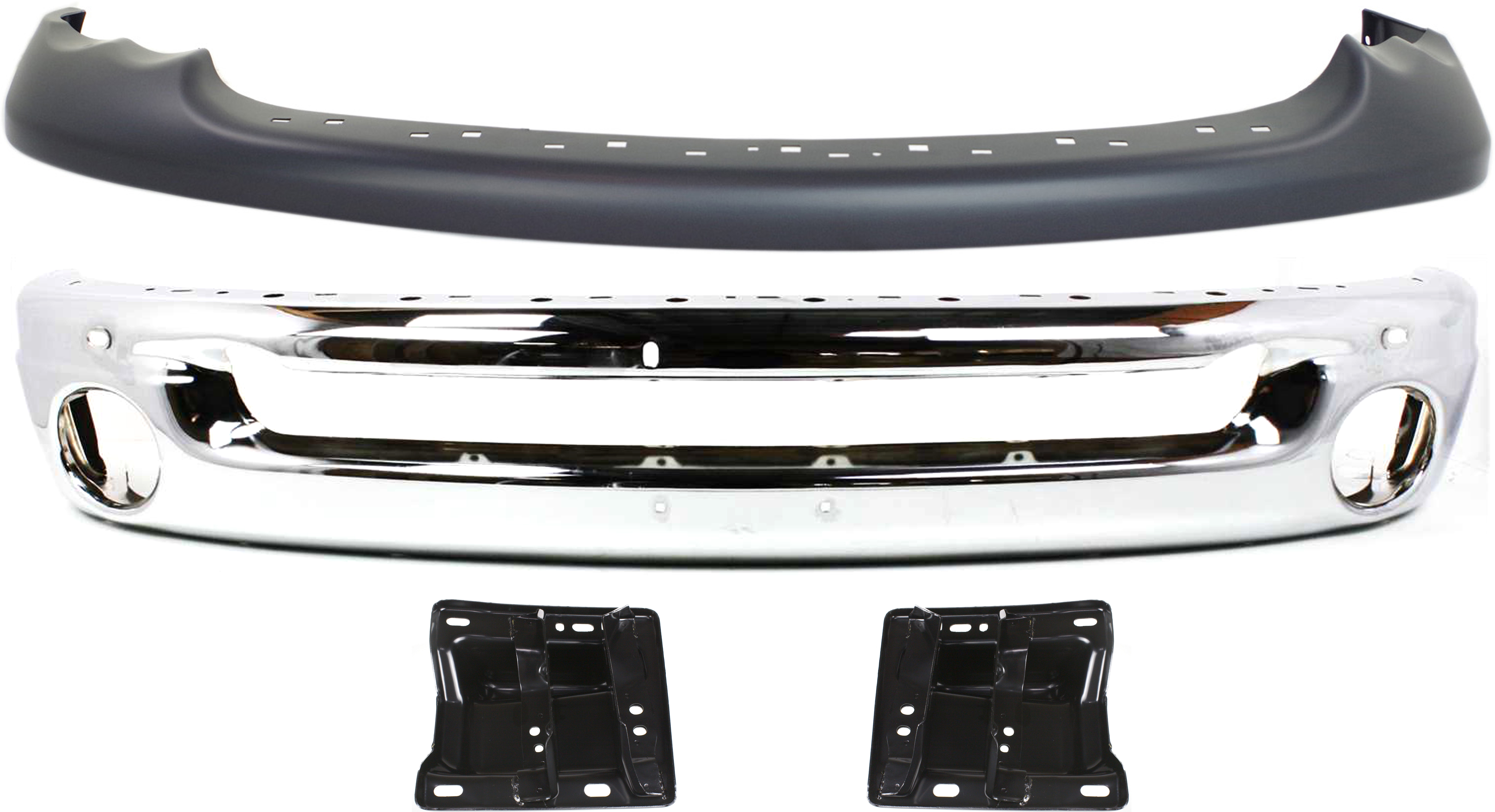 AM RAM 1500-02-05 FRONT BUMPER Chrome 4 pc kit with Bumper Bracket and Valance Fits 2 pc Type bumper Bumper 2003-05-2500-3500 models SKU KIT 070117-81 Partslink CH1002383 CH1066131 CH1067131 CH1000338 OEM 55077946AB 55077221AC 55077220