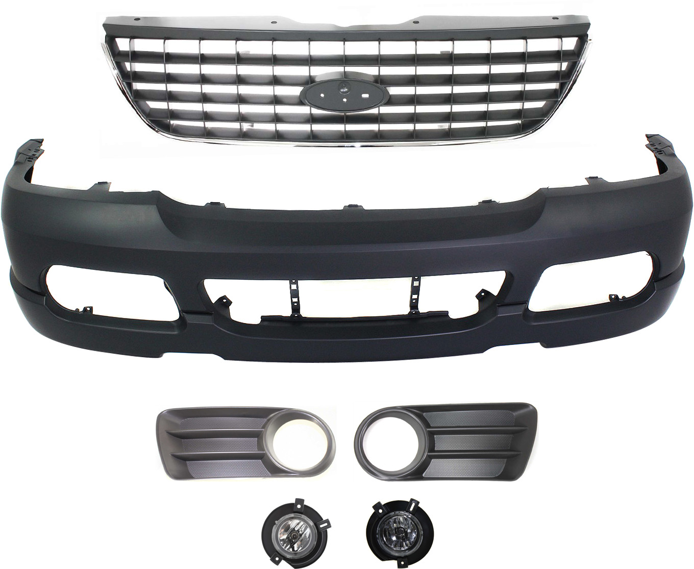 AM EXPLORER 02-05 FRONT BUMPER COVER Primed 6 pc Kit with Fog Light Trims Fog Lights and Grille Assembly SKU KIT 070117-83 Partslink FO1000496 FO1036105 FO1036106 FO1200396 OEM 2L2Z17D957SAPTM 1L2Z15200DB PF