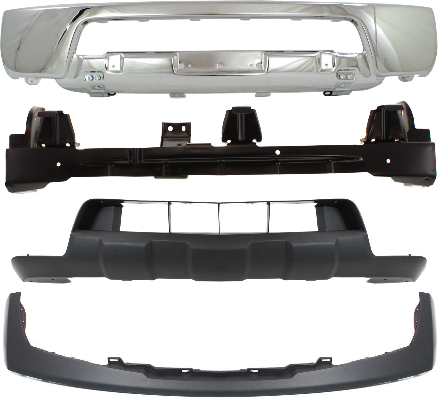 AM FRONTIER 05-08 FRONT BUMPER Chrome 4 pc kit with Bumper Fillers Valance Retainer w o Off Road Pkg SKU KIT 070117-87 Partslink NI1002140 NI1006217 NI1000224 NI1015100 OEM 62014EA810-62290EA570-62025EA8