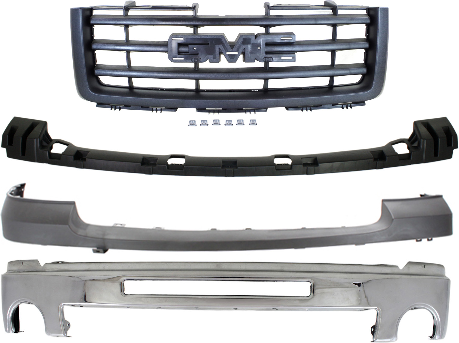 AM SIERRA 1500-07-13 FRONT BUMPER 4 pc kit with Bumper Bracket Bumper Cover and Grille Exc. Base Denali Models New Body Style SKU KIT 070117-90 Partslink GM1002834 GM1065108 GM1014103 GM1200583 OEM 15902856-15246822-25783617-227