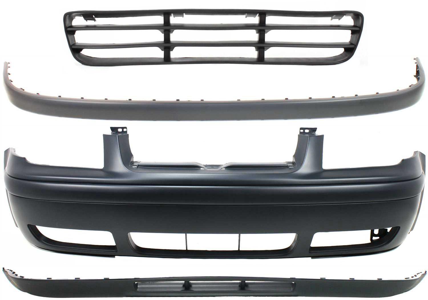 AM JETTA 99-03 FRONT BUMPER COVER Primed 4 pc Kit with Bumper Grille Bumper Trim and Valance SKU KIT 070117-92 Partslink VW1000179 VW1036101 VW1044104 VW1093104 OEM 1J5807217JGRU PFM 1J5853677CB4