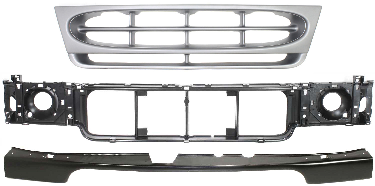 AM ECONOLINE VAN 97-04 GRILLE 3 pc Kit w Sealed Beam Headlights with Bumper Filler and Header Panel SKU KIT 070217-62 Partslink FO1200338 FO1092175 FO1221114 OEM F8UZ8200BAA 1C2Z17779AA F7UZ8A