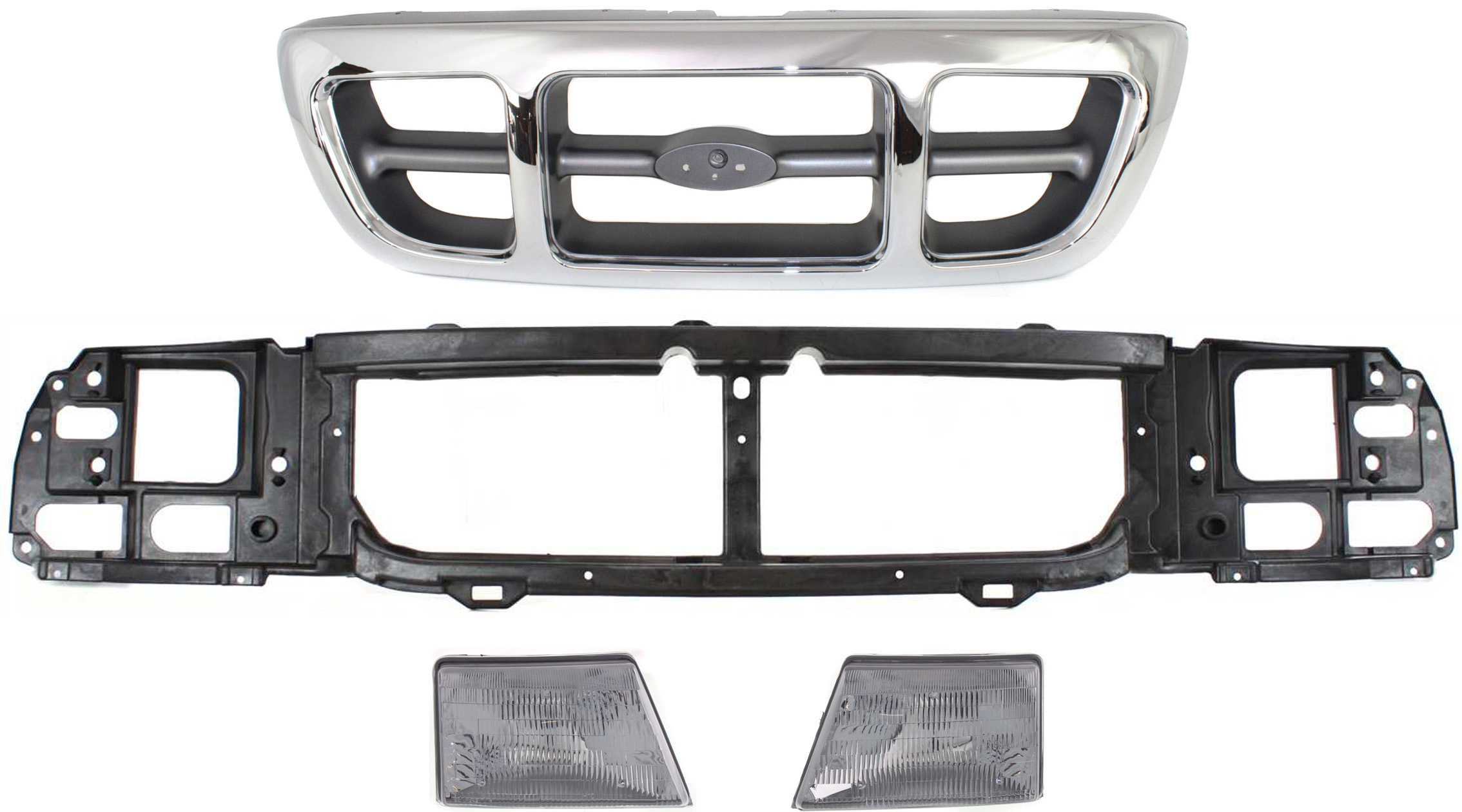 AM RANGER 98-00 GRILLE 4 pc kit Chrome Shell with Painted Gray Insert XLT Model Four Wheel Drive with Header Panel and Headlights SKU KIT 070217-66 Partslink FO1200341 FO1220215 FO2502151 FO2503151 OEM F87Z8200KAA XL5Z8A284AA F87Z13