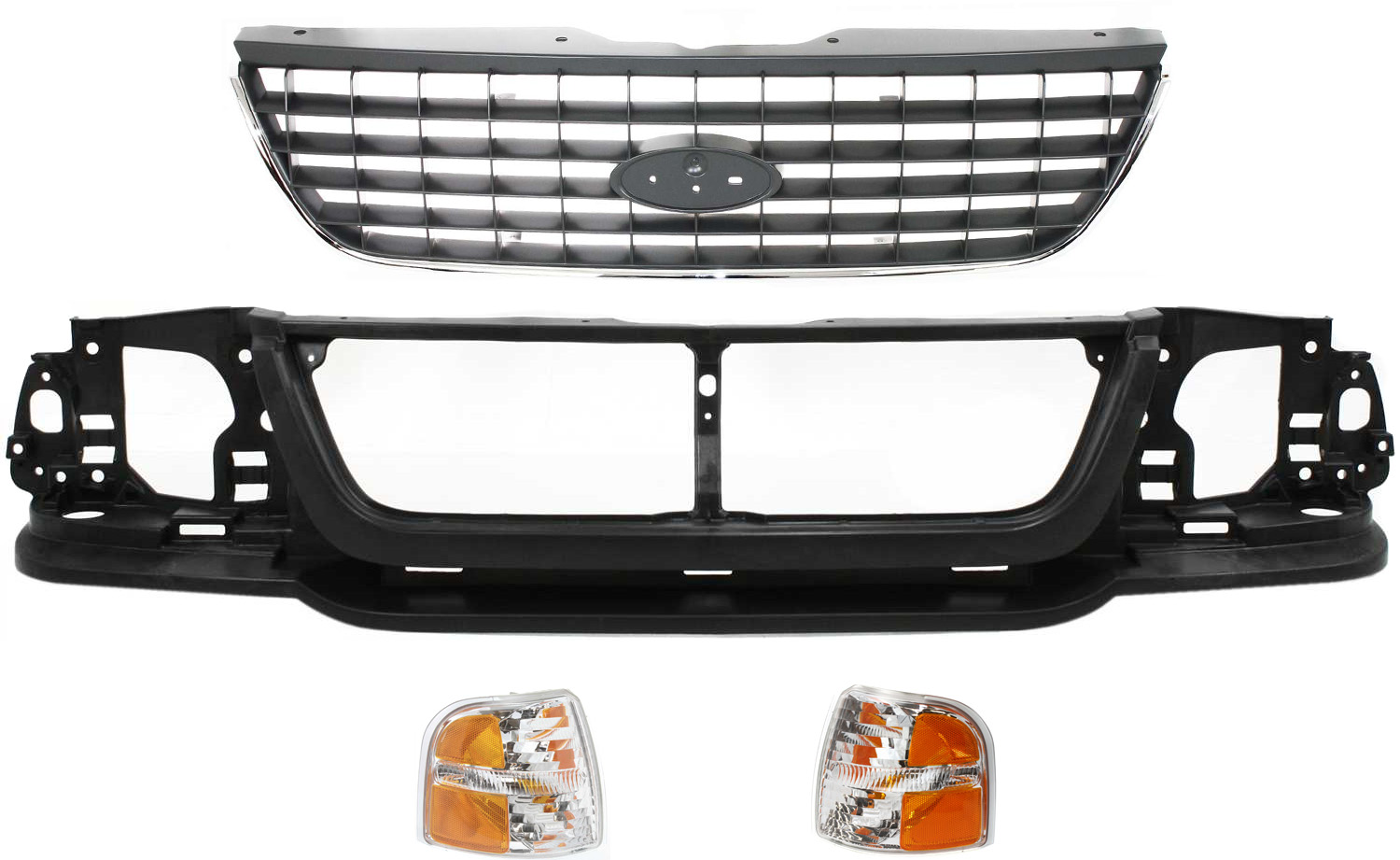 AM EXPLORER 02-04 HEADER PANEL 4 pc Kit with Corner Lights and Grille SKU KIT 070217-68 Partslink FO1221123 FO2520167 FO2521167 FO1200396 OEM 1L2Z8190AA 1L2Z13201AA 1L2Z132