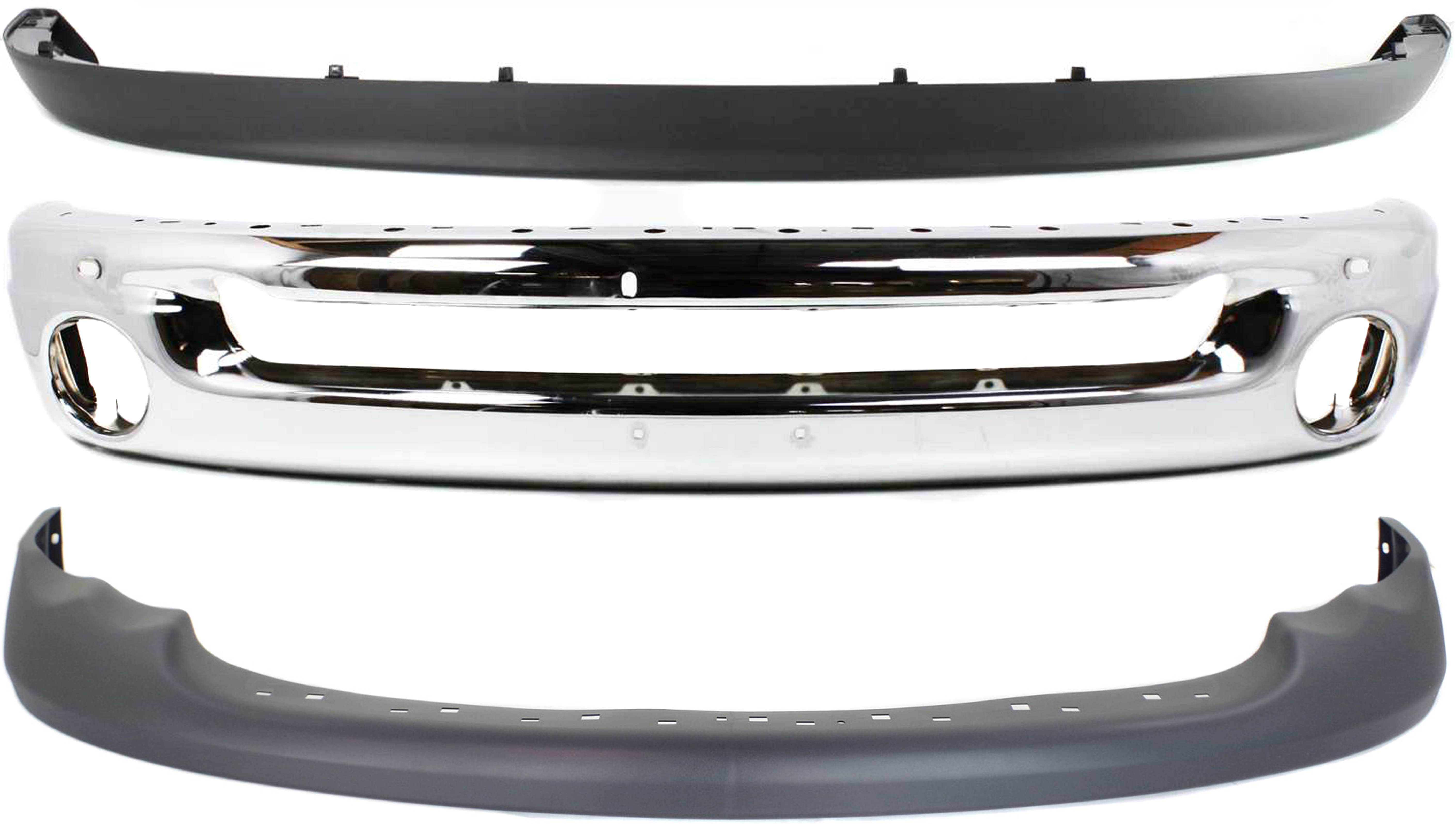 AM DODGE FULL SIZE P U 02-05 FRONT BUMPER Chrome 3 pc Kit with Valances SKU KIT 070217-75 Partslink CH1002383 CH1090125 CH1000411 OEM 55077946AB 55077337AD 55077337