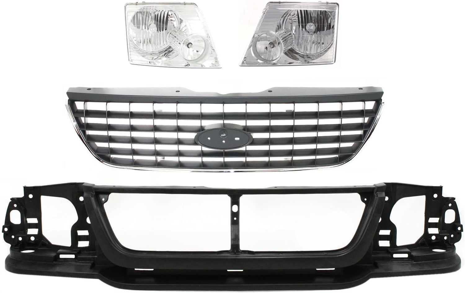 AM EXPLORER 02-05 HEADER PANEL 4 pc Kit with Grille and Headlight Exc. 02-03 Sport Model SKU KIT 070217-83 Partslink FO1221123 FO1200396 FO2502176 FO2503176 OEM 1L2Z8190AA 1L2Z8200AAB 1L2Z820