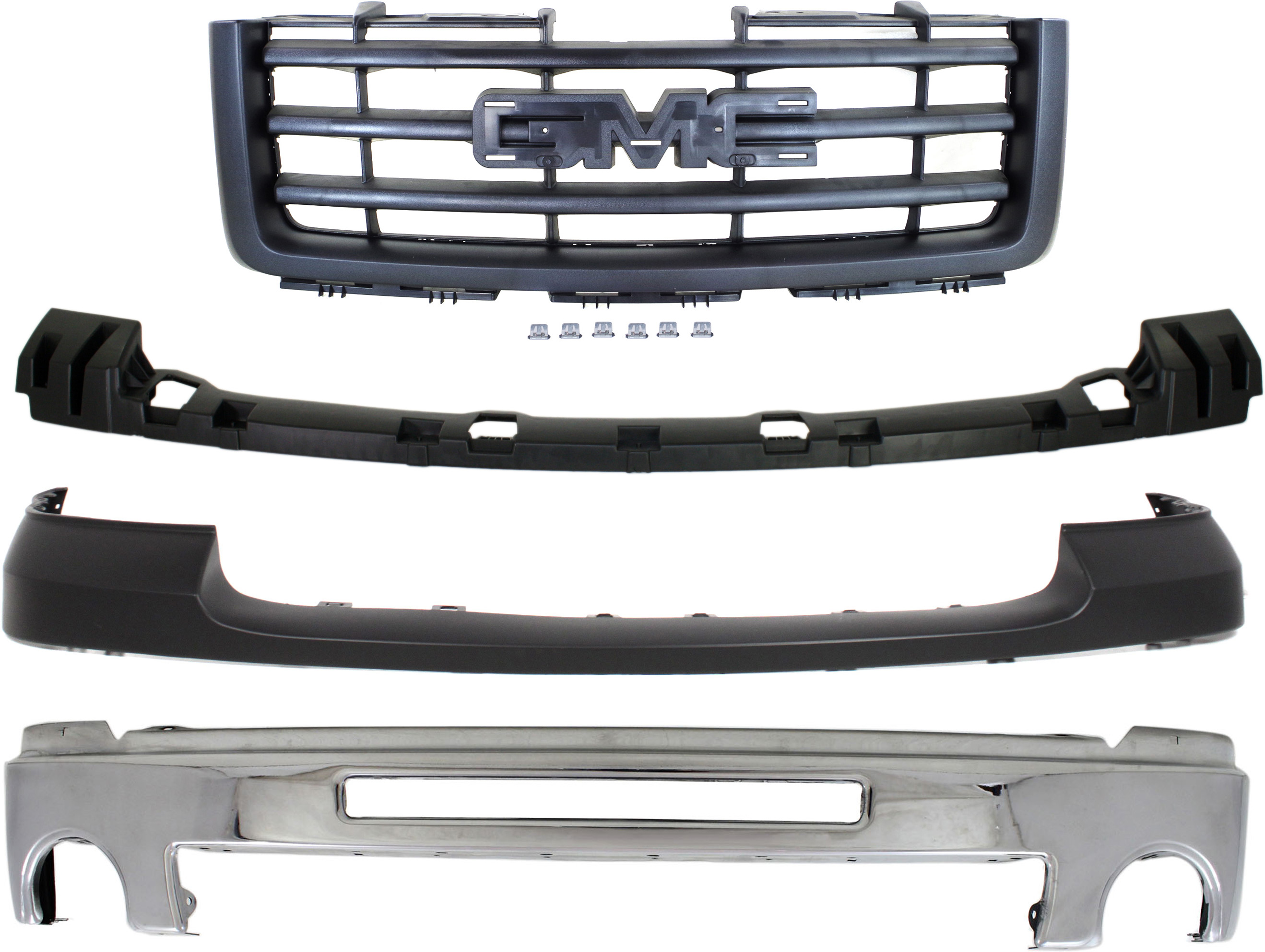 AM SIERRA 1500-07-13 FRONT BUMPER 4 pc kit with Bumper Bracket Bumper Cover and Grille Exc. Base Denali Models New Body Style SKU KIT 070217-86 Partslink GM1002834 GM1065108 GM1014102 GM1200583 OEM 15902856-15246822-25783584-227