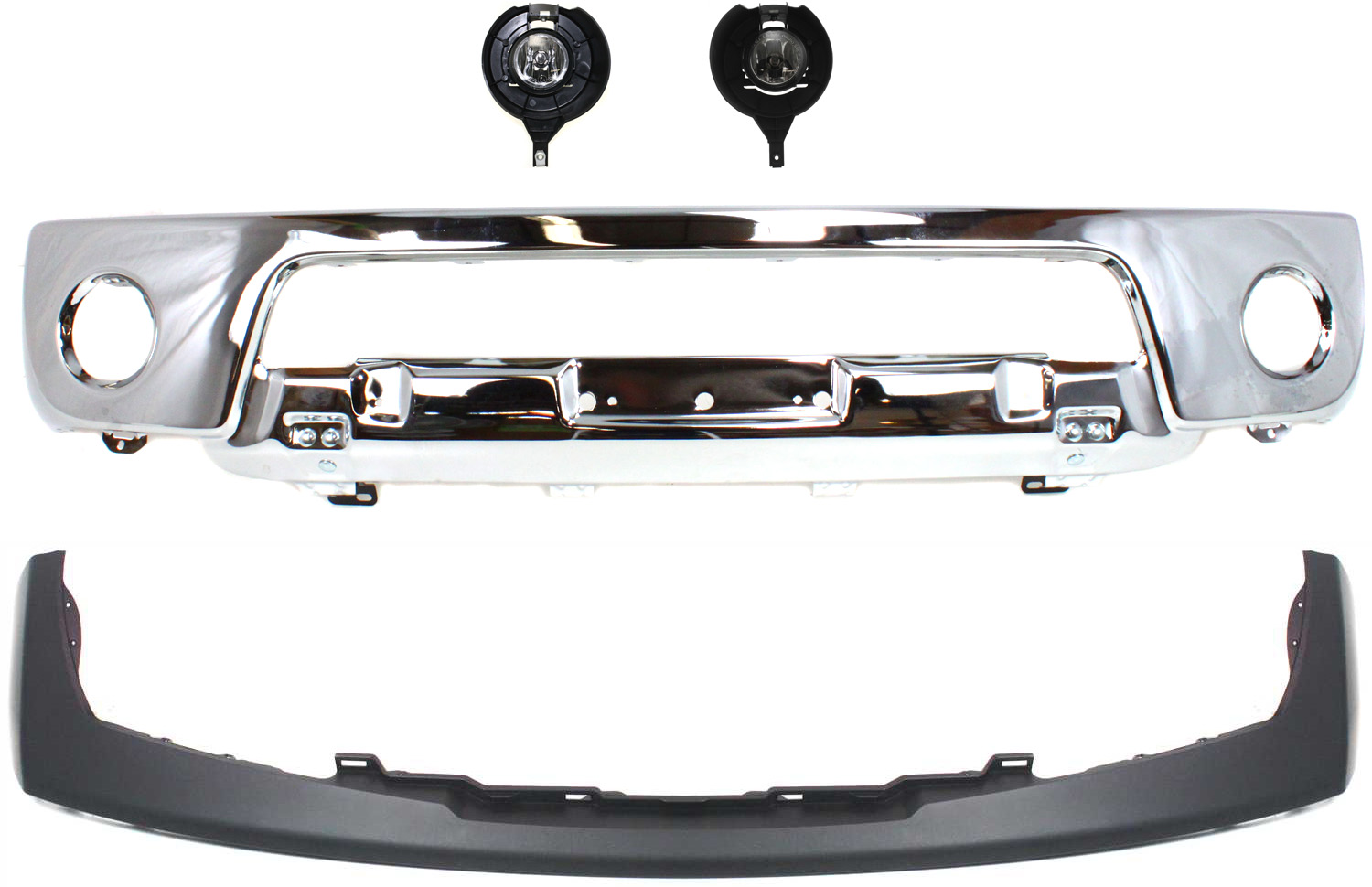 AM FRONTIER 05-08 FRONT BUMPER Lower Chrome 4 pc Kit with Bumper Trim and Fog Lights SKU KIT 070217-91 Partslink NI1002138 NI1000224 NI2592121 NI2593121 OEM 62014EA800-62025EA800-26155EA8