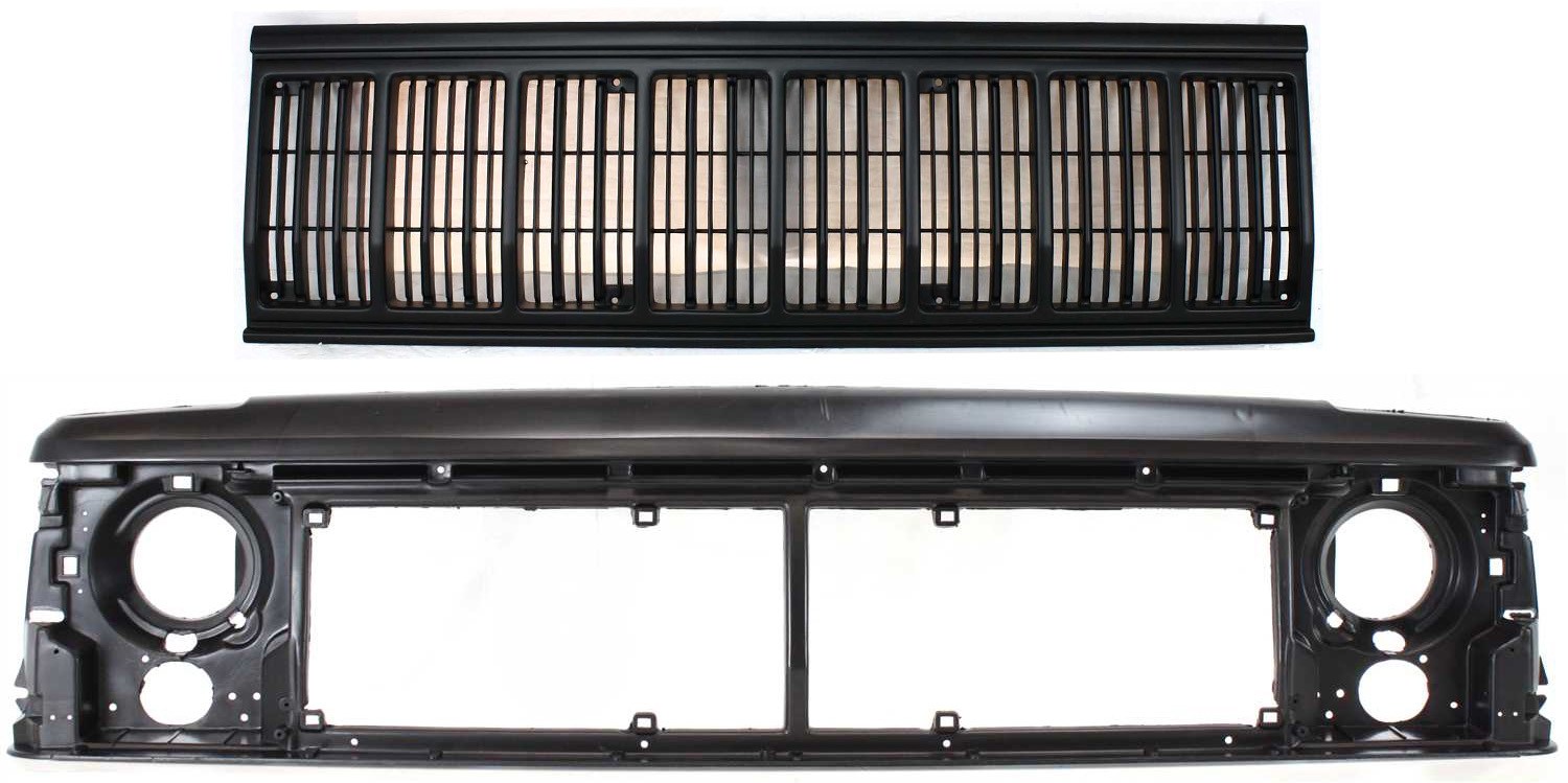 AM CHEROKEE 91-96 GRILLE ASSEMBLY 2 pc kit with Header Panel SKU KIT 070217-96 Partslink CH1200176 CH1220107 OEM 55034046-55294926