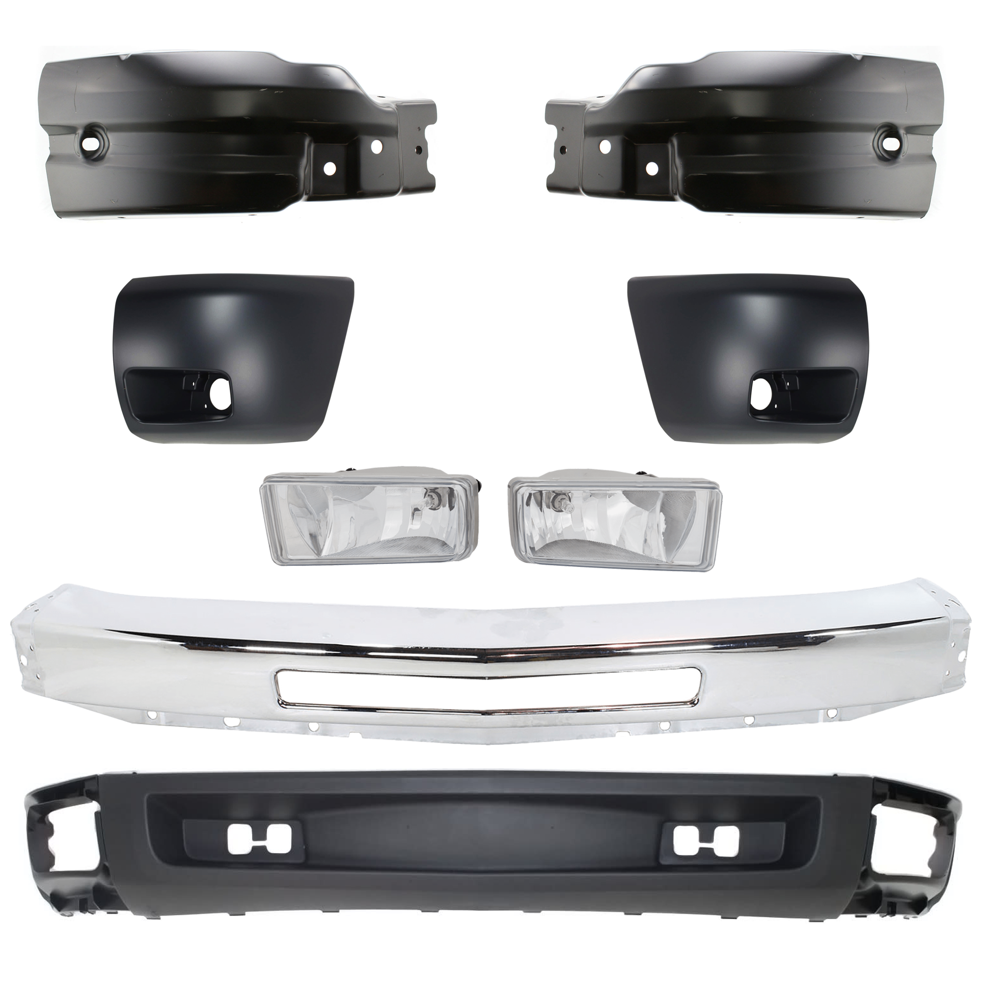 AM SILVERADO 1500-09-13 FRONT BUMPER 8 pc kit Impact Bar with Bumper End Fog Light and Valance SKU KIT 070224-40 Partslink GM1002831 GM1004148 GM1005148 GM1004147 GM1005147 GM2593160 GM2592160 GM1092192 OEM 15941850-22737638-22737639-158