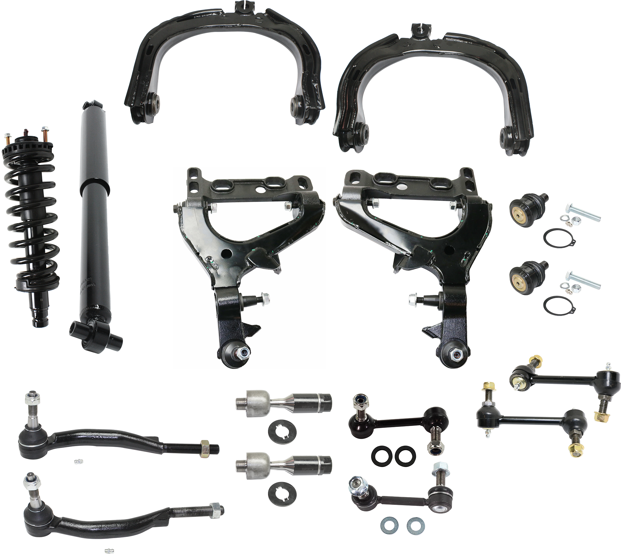 AM ASCENDER 04-08 RAINIER 04-07 FRONT CONTROL ARM RH AND LH Upper and Lower 16 pc Kit w Ball Joint Shock Absorber and Strut Assembly Sway Bar Link and Tie Rod End SKU KIT 070224 C01 OEM 150-809-141-529-827-000-000-000-000