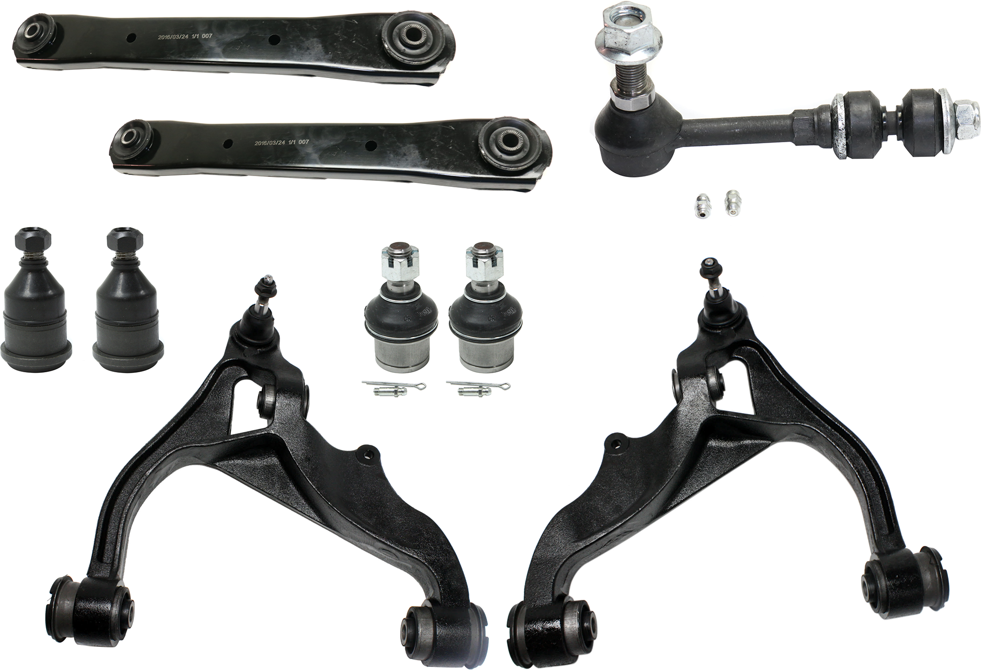 AM RAM 1500-06-08 FRONT CONTROL ARM RH AND LH Upper and Lower 9 pc kit w Ball Joint and Sway Bar Link SKU KIT 070224 C130 OEM 52013797AB 52013797AC 55366438