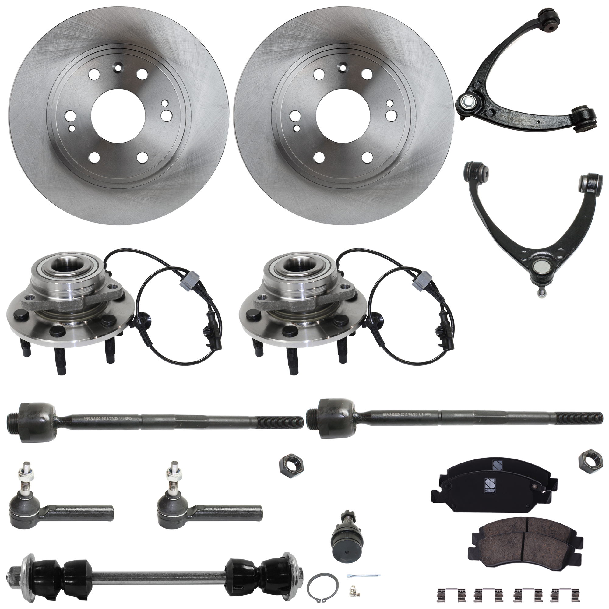 AM SILVERADO 1500-07-13 ESCALADE 08-14 FRONT OR REAR HUB ASSEMBLY RH AND LH 13 pc kit with Ball Joint Brake Discs Brake Pad Set Control Arms Sway Bar Link and Tie Rod Ends SKU KIT 070224 C16 OEM 22841381-104327-2601528-505