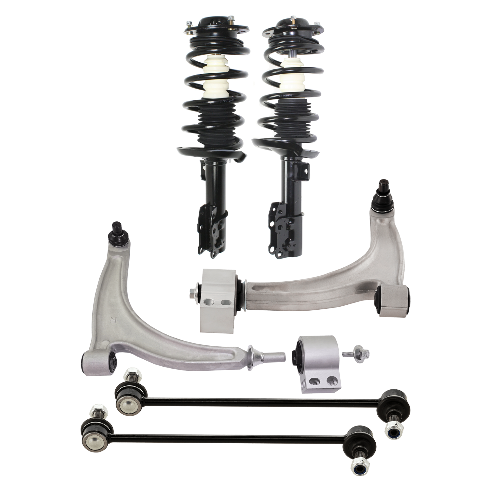 AM MALIBU 04-09 FRONT FULLY LOADED STRUT RH AND LH 6 pc kit with Control Arms and Sway Bar Links SKU KIT 070224 C198 OEM 10363555-10363556-19152953-158