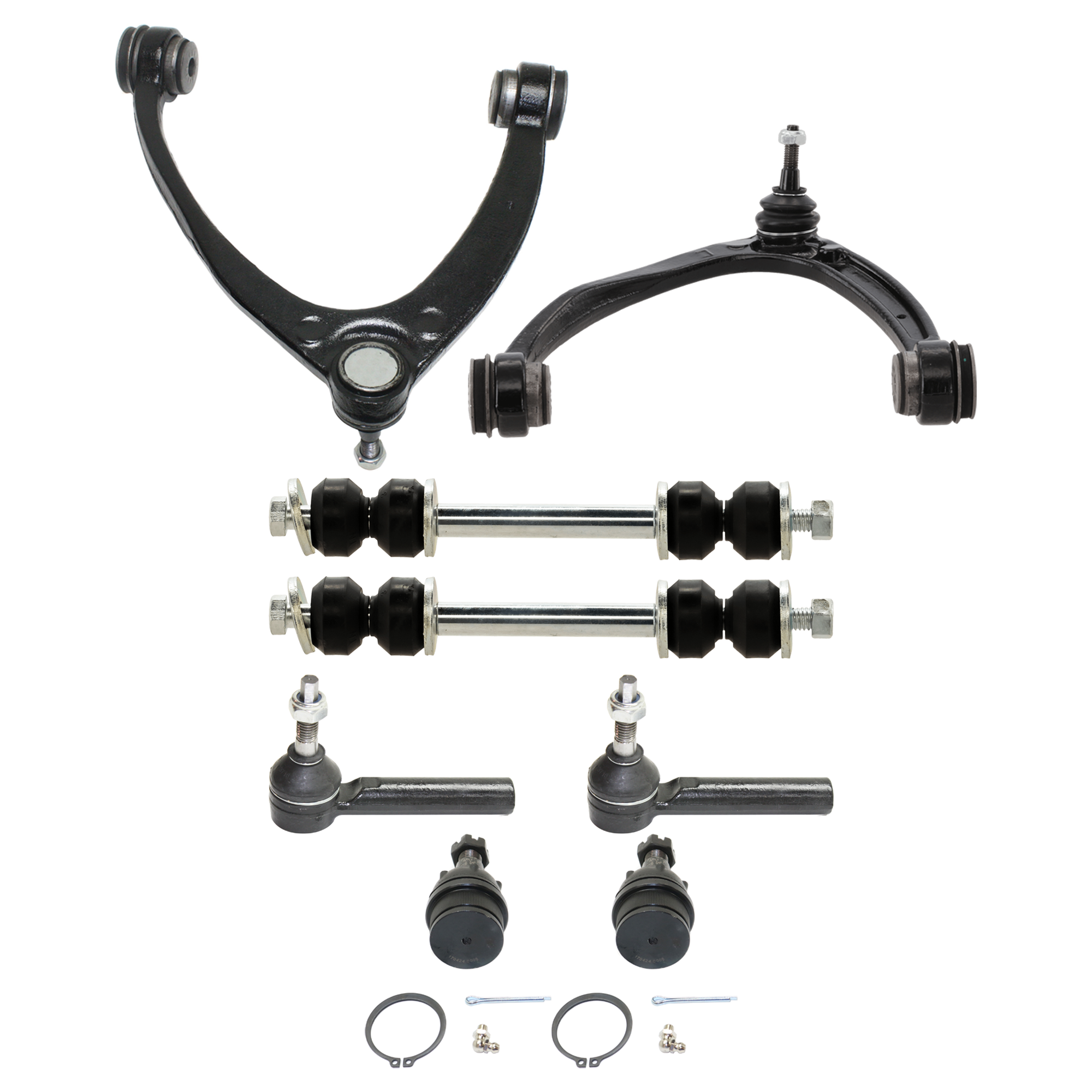 AM TAHOE YUKON 07-14 FRONT CONTROL ARM RH AND LH Upper 8 pc Kit with Ball Joint Sway Bar Link and Tie Rod End SKU KIT 070224 C202 OEM 15096197-25812725-15096198-258