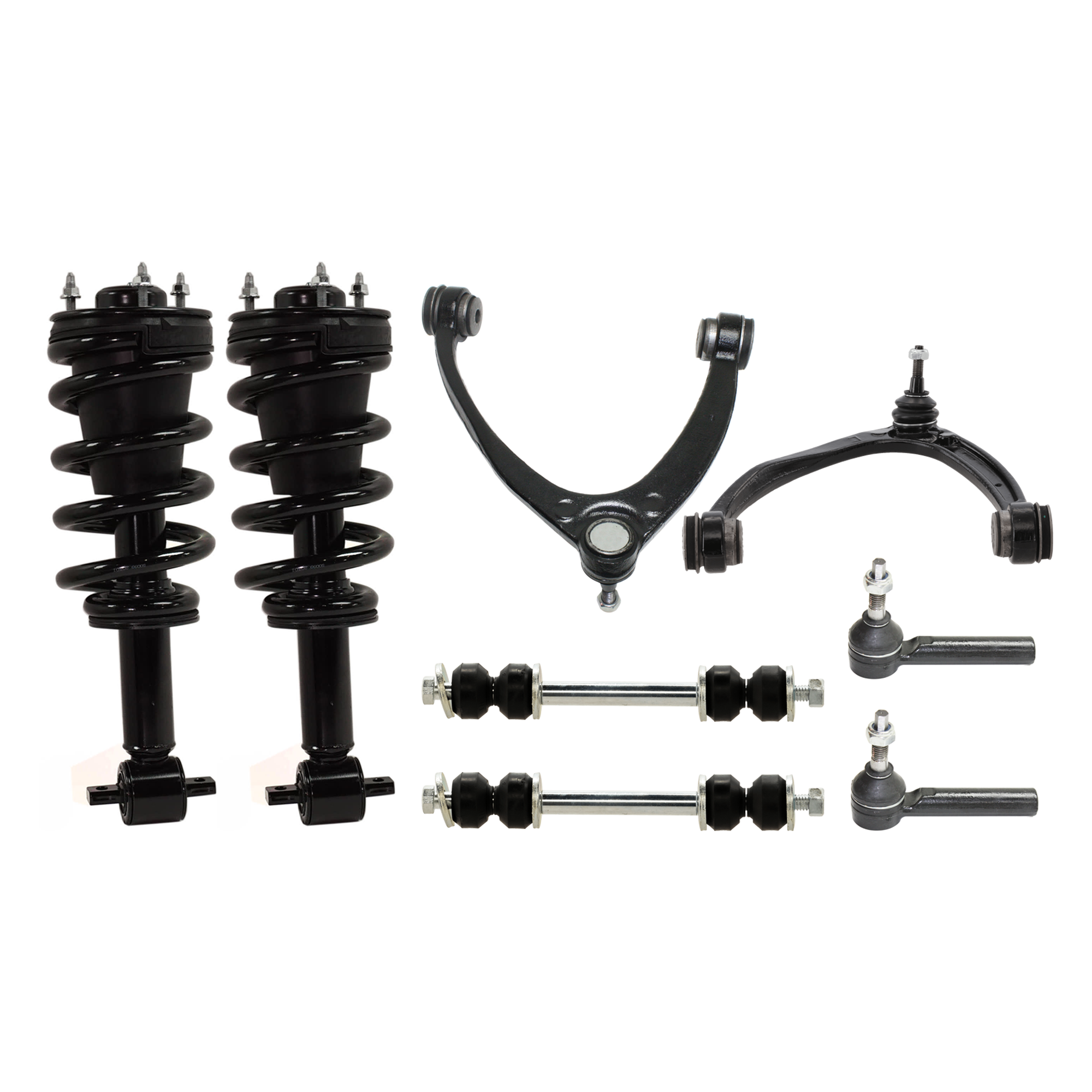 AM SILVERADO SIERRA 1500-07-13 FRONT FULLY LOADED STRUT RH AND LH 8 pc kit Gas Charged Monotube with Control Arm Sway Bar Link and Tie Rod End SKU KIT 070224 C203 OEM 25980102-25888684-15096197-258
