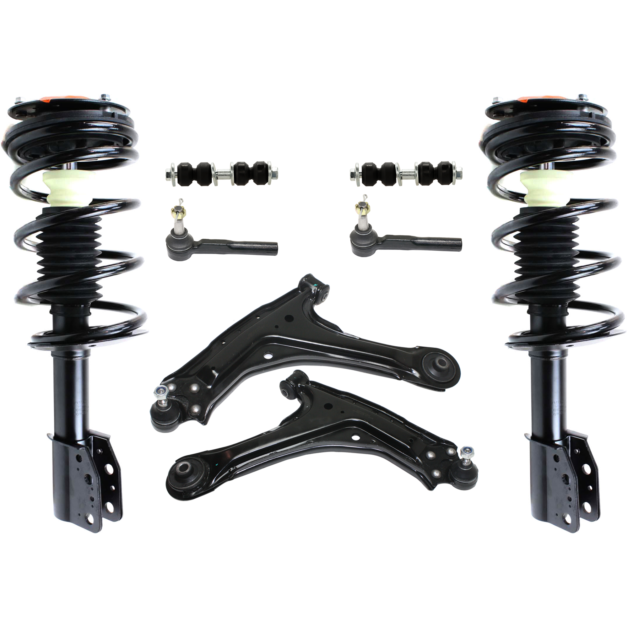 AM GRAND AM 99-05 MALIBU 97-03 FRONT FULLY LOADED STRUT RH AND LH Gas Charged Twin tube 8 pc Kit with Control Arm Sway Bar Link and Tie Rod End SKU KIT 070224 C210 OEM 22064731-22064732-10365844-152