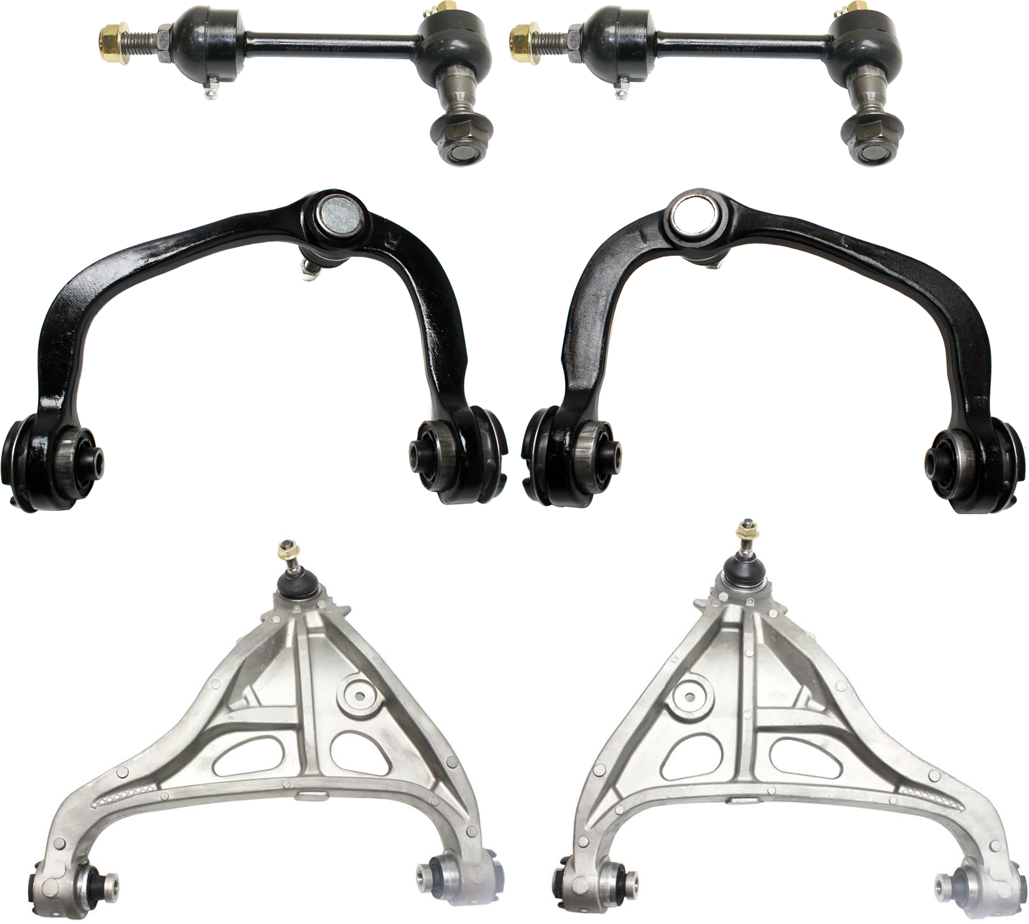 AM F 150-04-05 FRONT CONTROL ARM RH AND LH Upper and Lower 6 pc kit with Ball Joint and Sway Bar Link SKU KIT 070224 C216 OEM 4L3Z3084AB 6L3Z3084AR 7L1Z3084