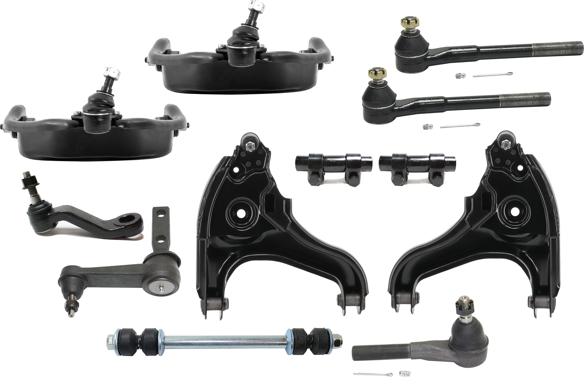 AM RAM 1500-00-01 FRONT CONTROL ARM RH AND LH 12 pc Kit Upper and Lower w Ball Joint and Bushing w Idler Arm Pitman Arm Sway Bar Link Tie Rod End and Tie Rod Adjusting Sleeve Rear Wheel Drive SKU KIT 070224 C21 OEM 52106678AA 52113888AA 521138