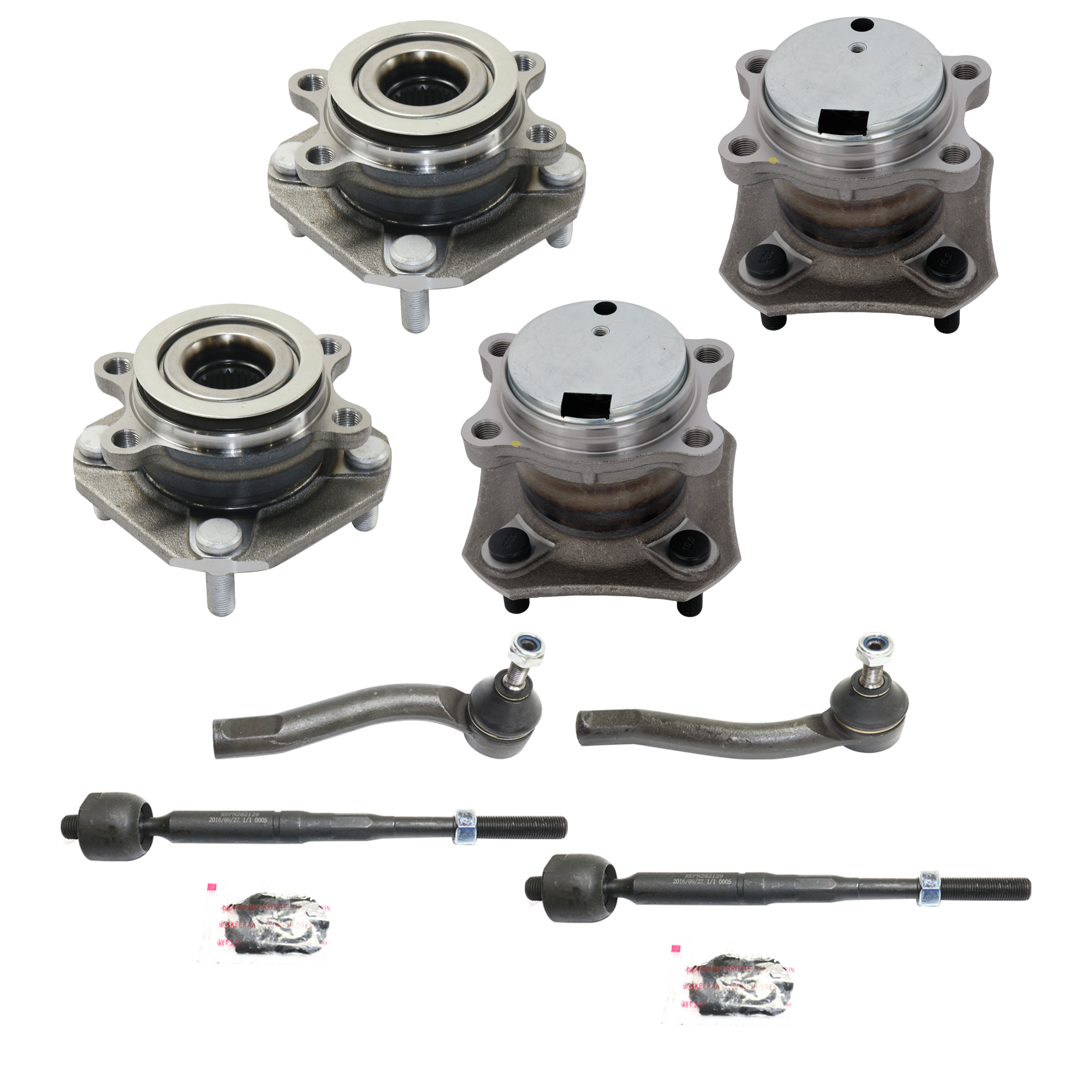 AM SENTRA 07-12 FRONT AND REAR HUB ASSEMBLY RH AND LH 8 pc kit with Tie Rod Ends SKU KIT 070224 C265 Partslink NI4522100 OEM 43202ET010-91330201 D8640ET00A