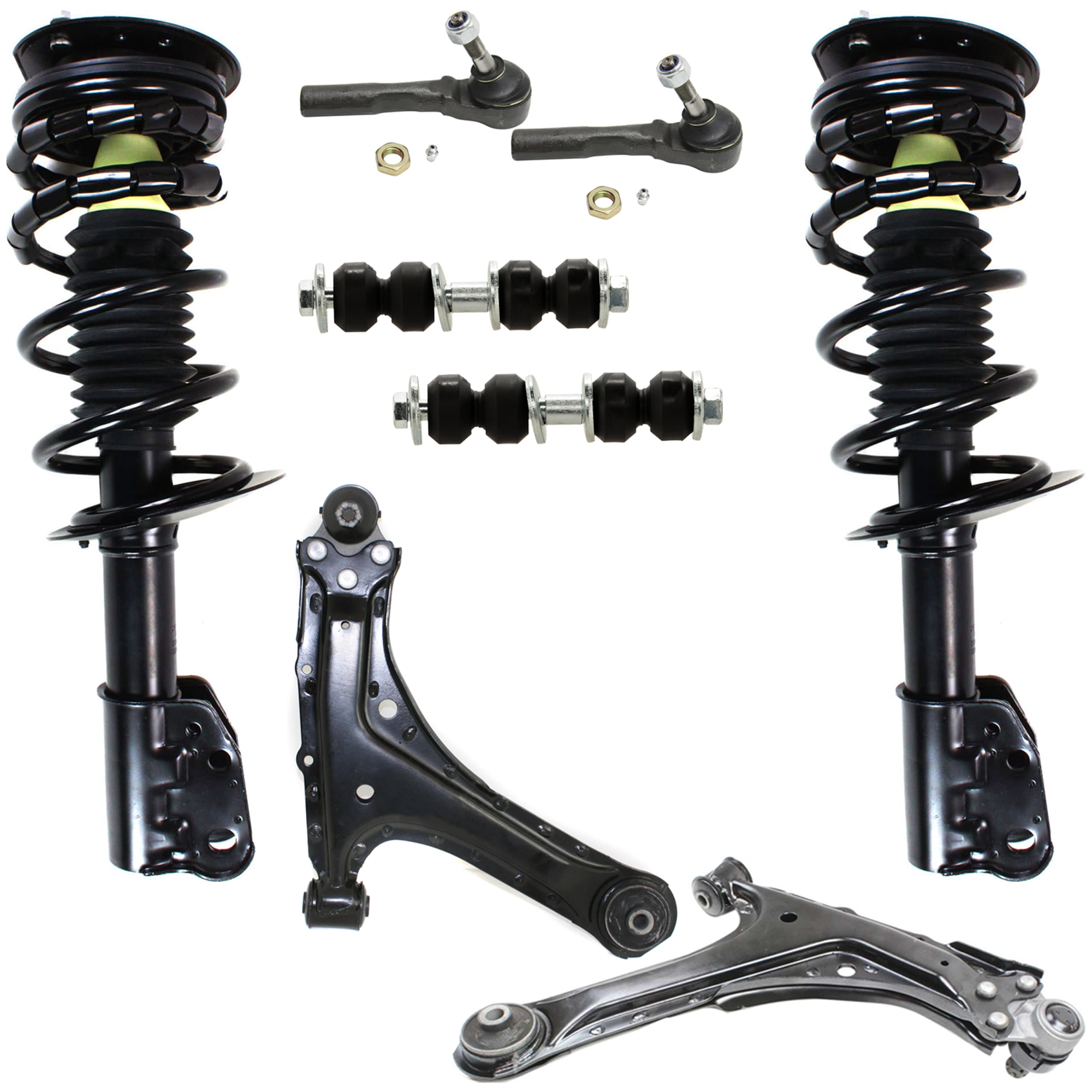 AM CAVALIER SUNFIRE 99-05 FRONT FULLY LOADED STRUT RH AND LH Gas Charged Twin tube 8 pc Kit with Control Arm Sway Bar Link and Tie Rod End SKU KIT 070224 C266 OEM 22064776-22064573-22611124-152