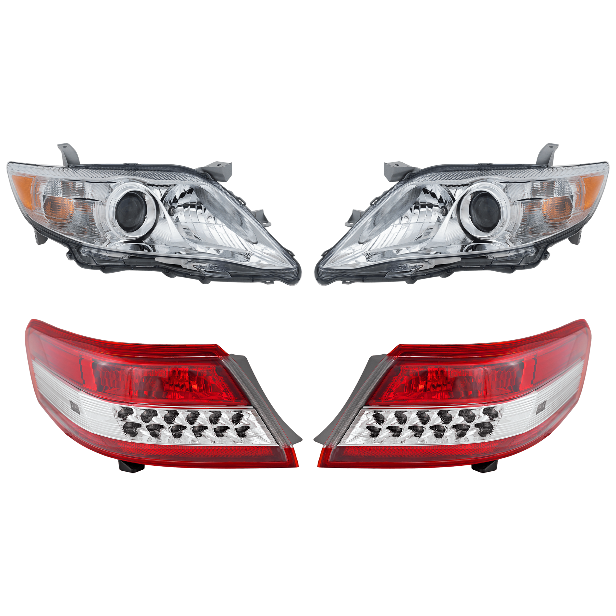 AM CAMRY 10-11 TAIL LAMP RH AND LH Outer Assembly Halogen 4 pc Kit with Headlight SKU KIT 070224 C379 Partslink TO2502191C TO2503191C TO2804106C TO2805106C OEM 8111006500-8115006500-81550063