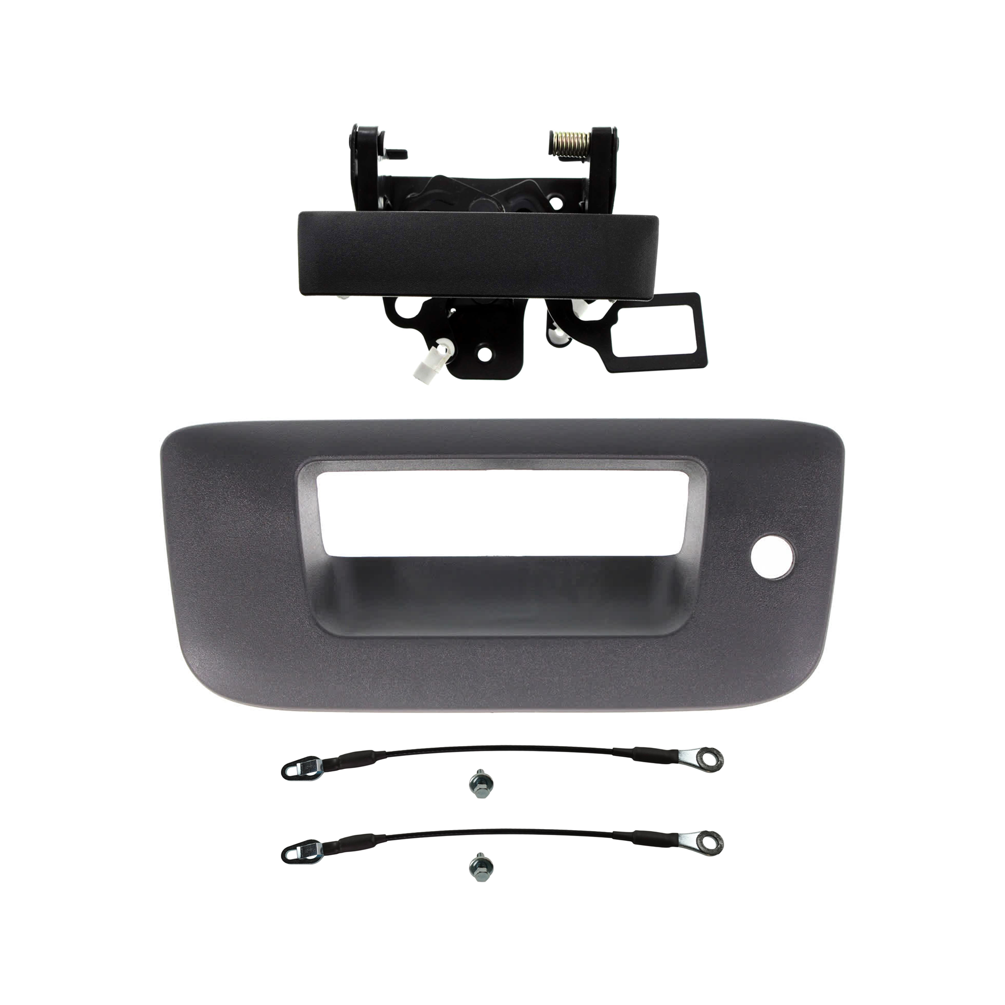 AM SILVERADO 1500 SIERRA 1500-07-13 TAILGATE HANDLE BEZEL Textured Black w Keyhole 4 pc kit with Tailgate Cable SKU KIT 070224 C445 Partslink GM1915124 GM1916106 GM1921103 GM1920103 OEM 20880358-20928119-22755302-258