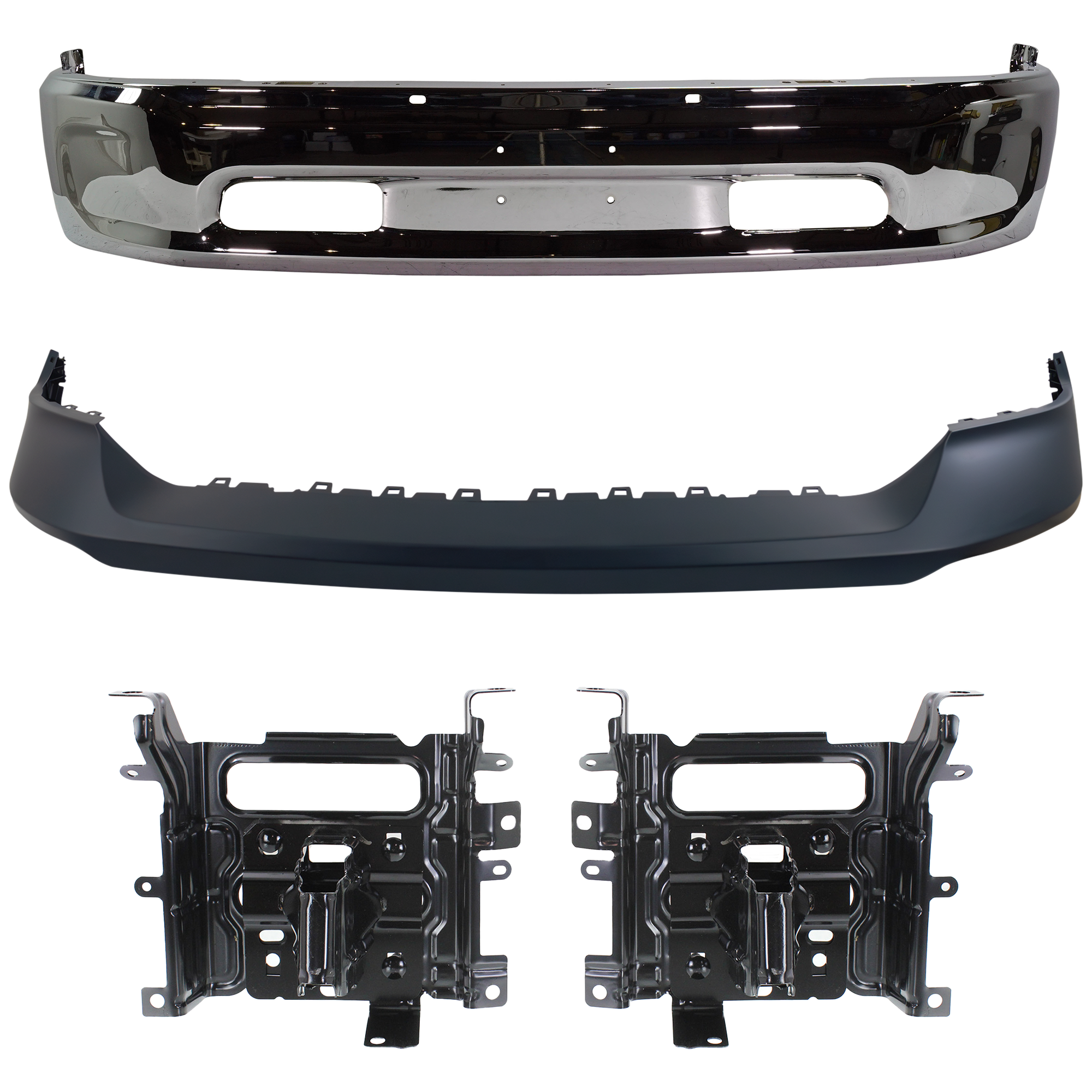 AM RAM 1500-13-18 FRONT BUMPER Upper and Lower 3 pc kit Chrome with Bumper Cover and Bumper Bracket Includes 19-23-1500 Classic SKU KIT 070224 C447 Partslink CH1002397 CH1061104 CH1014108 OEM 68160855AC 68232485AA 68197697