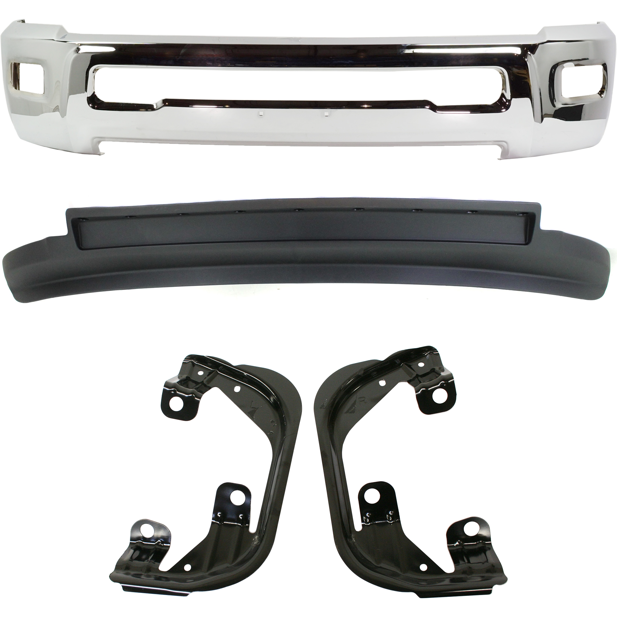 AM RAM FULL SIZE PICKUP 10-13 FRONT BUMPER 4 pc kit Chrome with Fog Light Bracket and Valance SKU KIT 070224 C448 Partslink CH1002390 CH1061100 CH1090141 OEM 68045698AB 68054374AC 68045708
