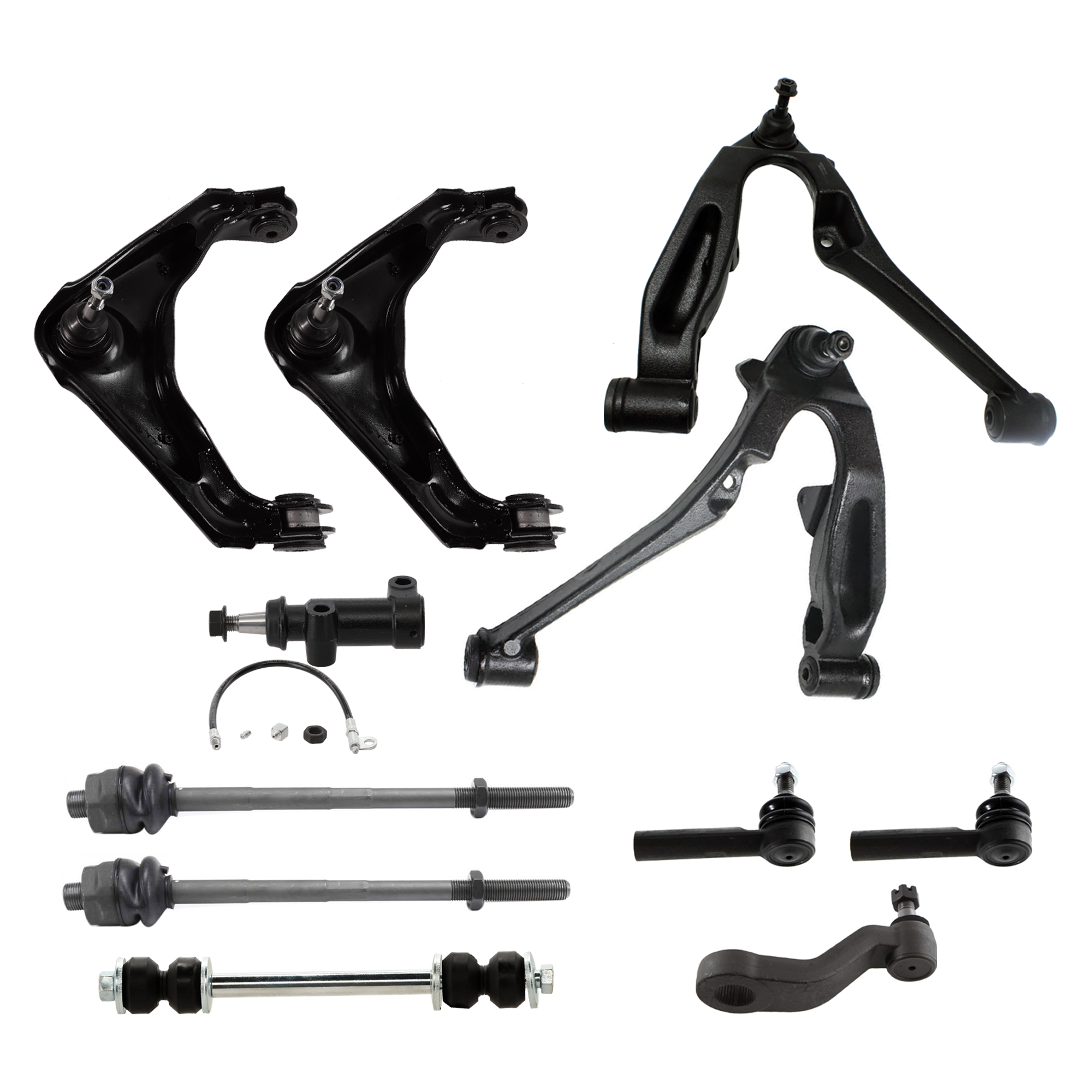 AM SILVERADO SIERRA 2500-01-10 H2-03-07 FRONT CONTROL ARM RH AND LH Upper and Lower 11 pc Kit with Idler Arm Bracket Pitman Arm Sway Bar Link and Tie Rod End SKU KIT 070224 C44 OEM 12043-521878-2606037-507160