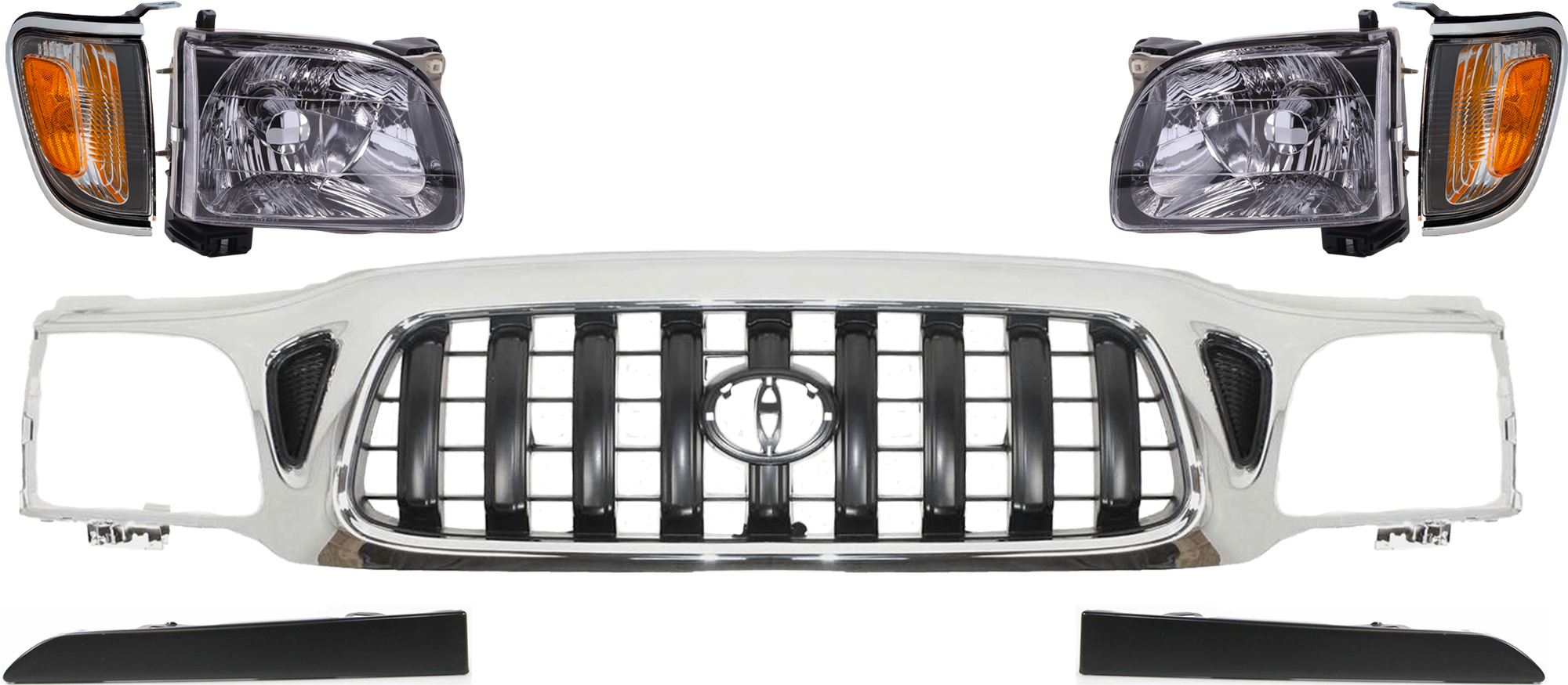 AM TACOMA 01-04 GRILLE 7 pc Kit Chrome Shell Painted Dark Gray Insert w o S Runner Model 4WD SKU KIT 070224 C62 Partslink TO1200248 TO2521161 TO2520161 TO2503136 TO2502136 TO1089108 TO1088108 OEM 5310004240-8161004080-81620040