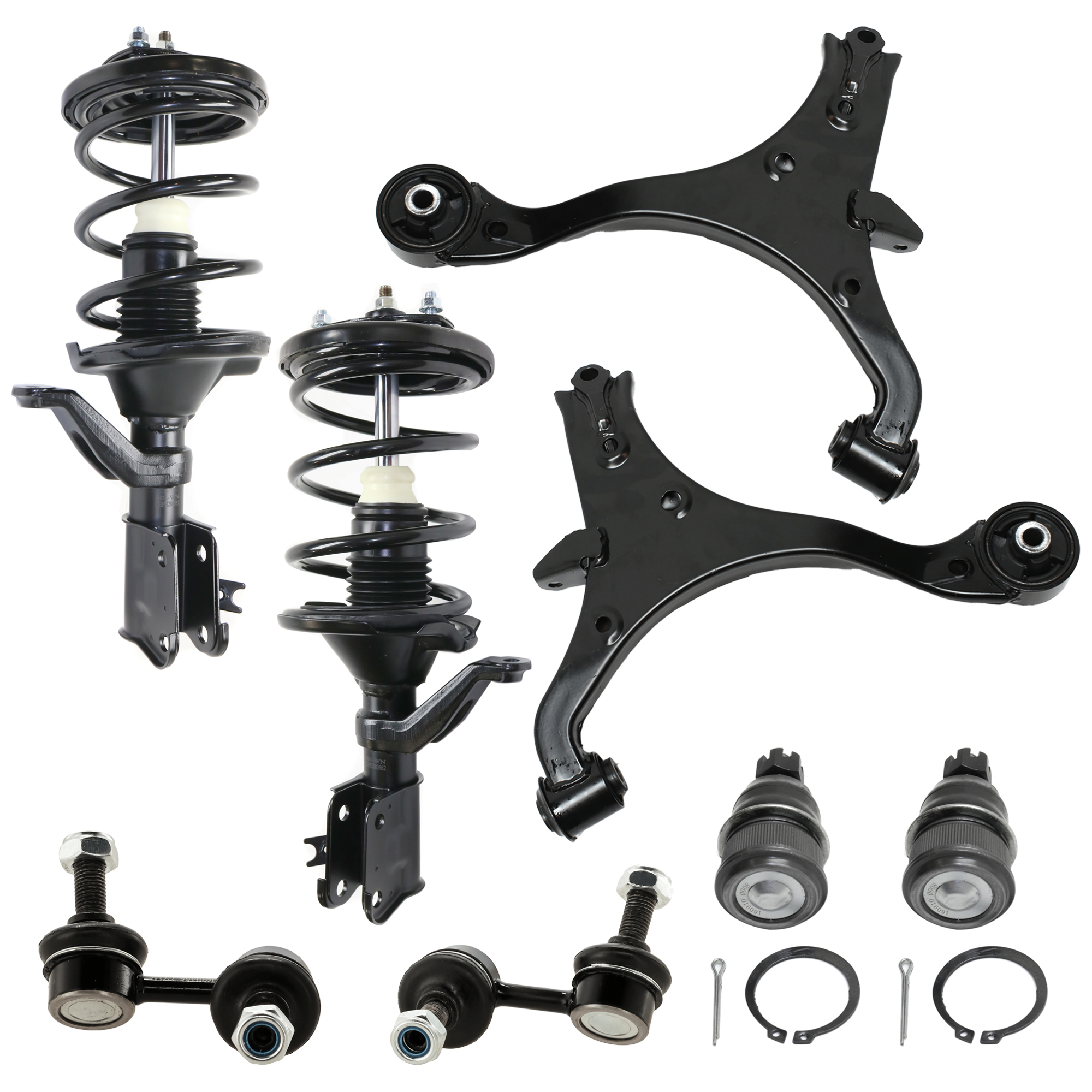 AM CIVIC 01-02 EL 01-03 FRONT FULLY LOADED STRUT RH AND LH 8 pc kit with Ball Joints Control Arms and Sway Bar Links SKU KIT 070224 C72 OEM 51602S5TA04-51602S5TA12-5160