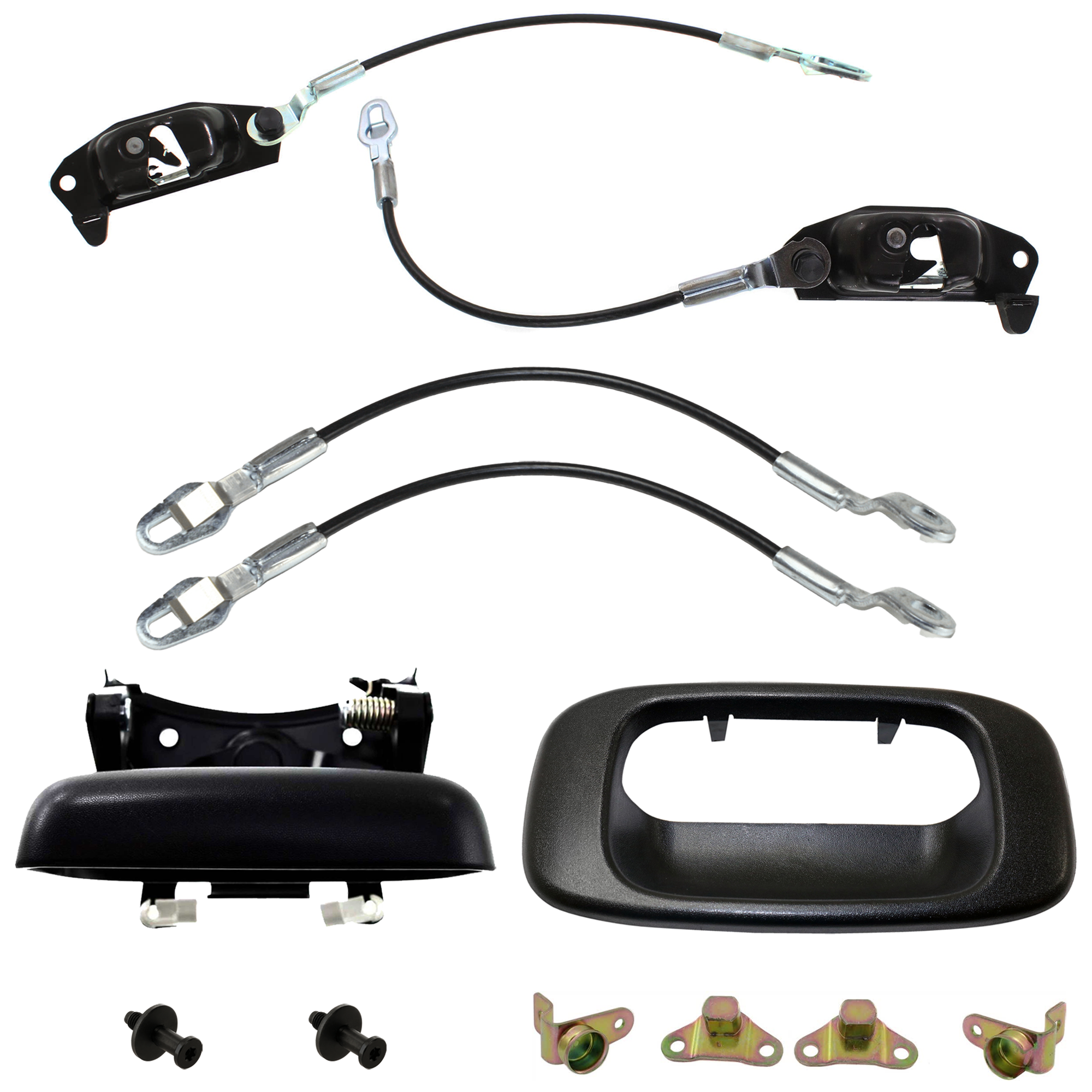 AM SIERRA 1500-99-06 TAILGATE LATCH 9 pc Kit with Door Striker Pin Tailgate Cable Tailgate Handle and Tailgate Hinge SKU KIT 070224 C75 Partslink GM1921102 GM1920102 GM1916102 GM1915105 OEM 15756843-15756844-11570162-889
